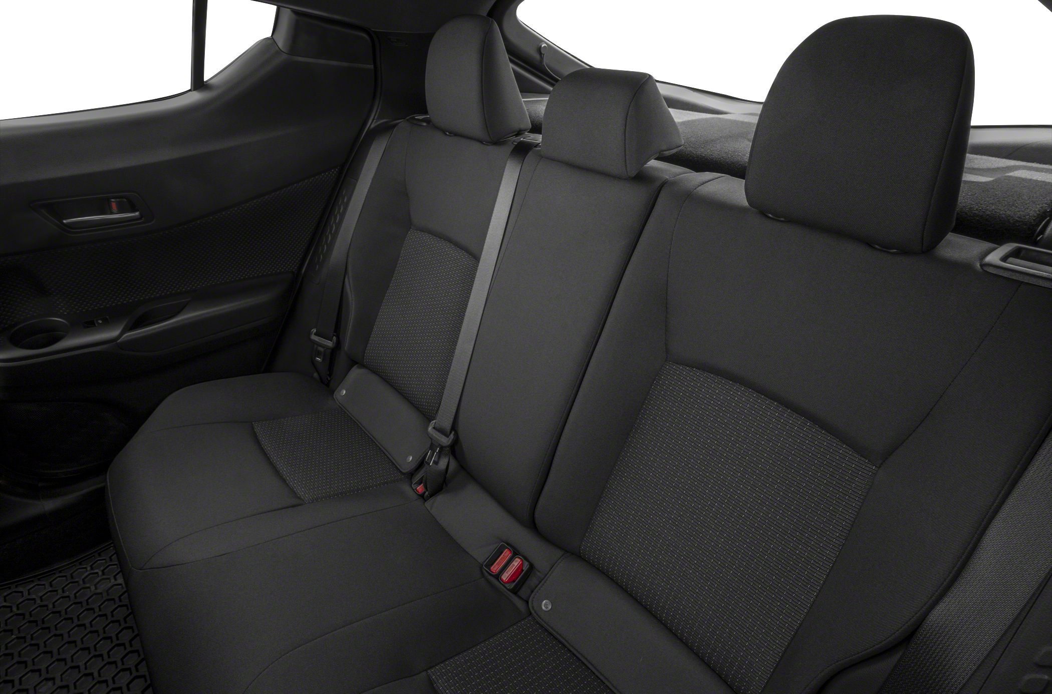 Rear interior seat with seatbelt and fabric upholstery
