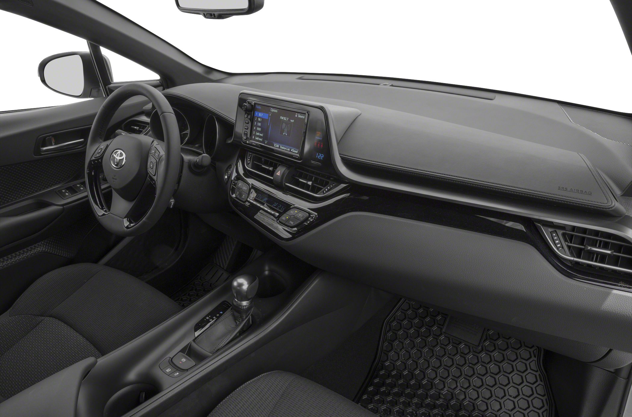 Dashboard and steering wheel with infotainment system in vehicle interior