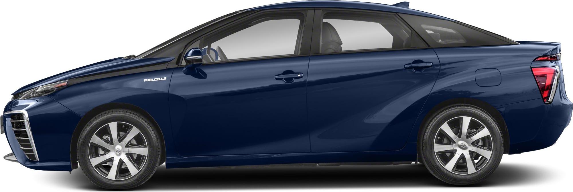 Side view of blue hydrogen-powered sedan with distinct rear lights