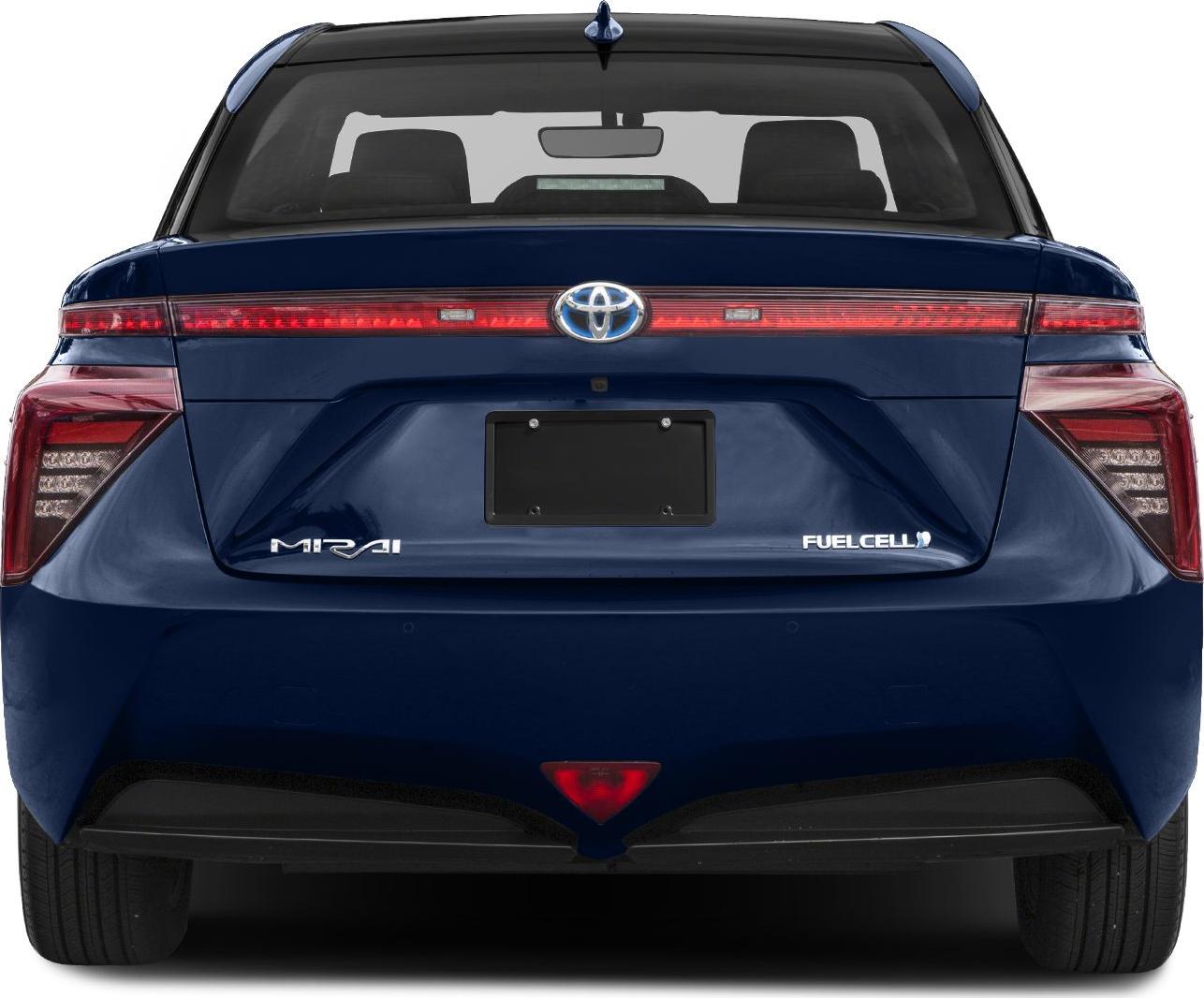 Rear view of a fuel cell vehicle with extended tail lights and badge