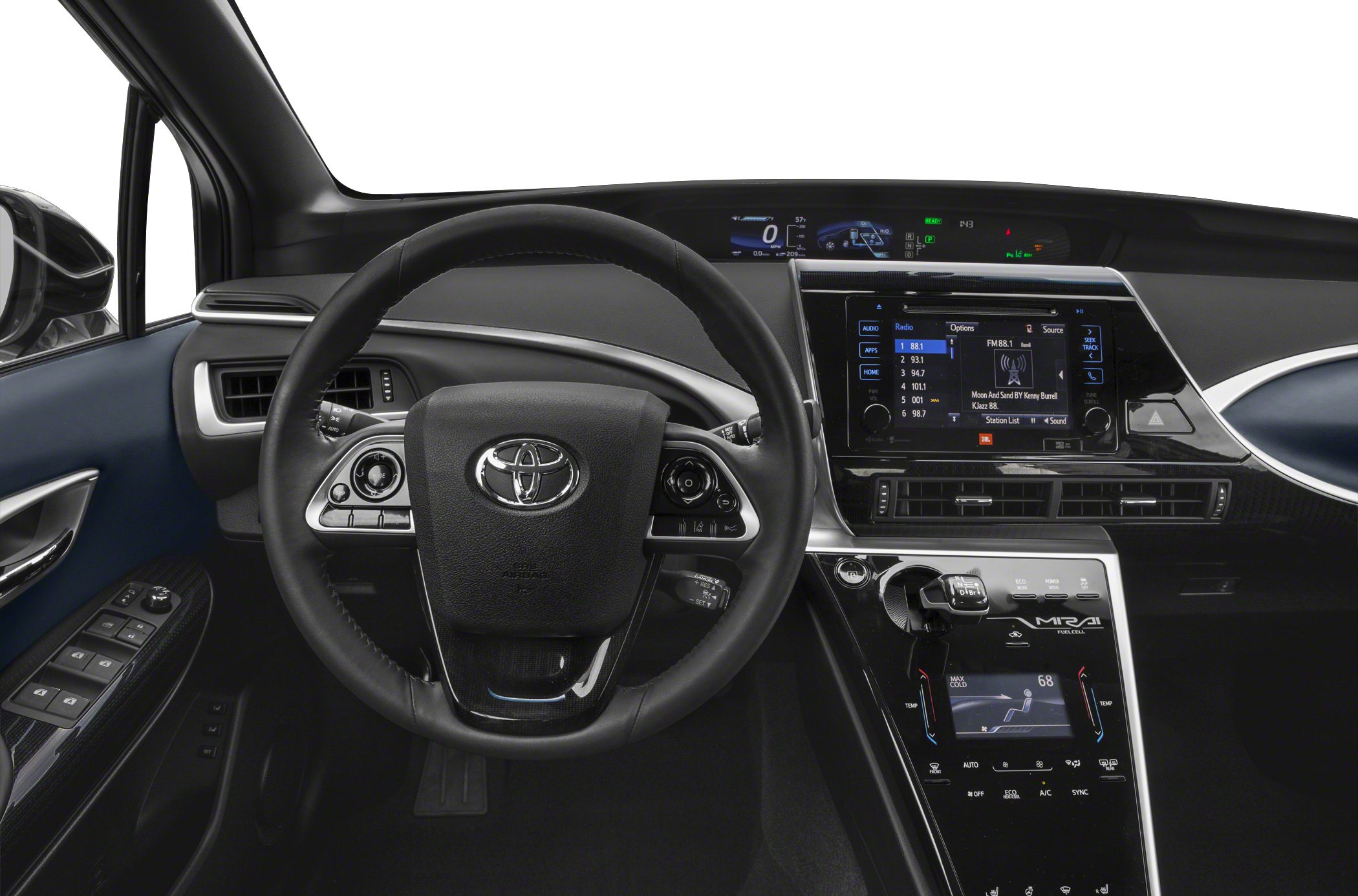 Modern dashboard and steering wheel with digital displays and infotainment.
