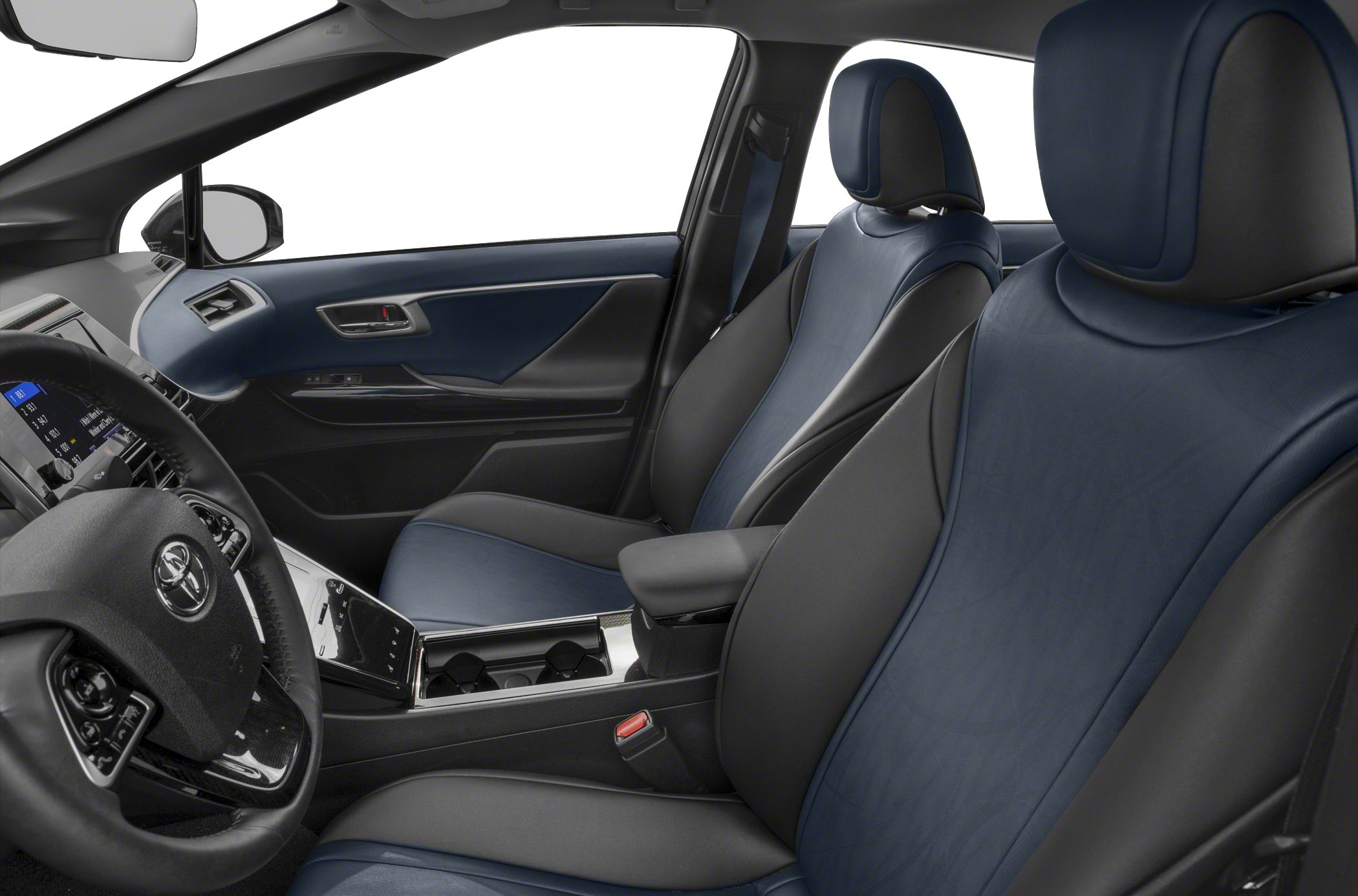 Blue and black leather front seats with modern dashboard and steering wheel