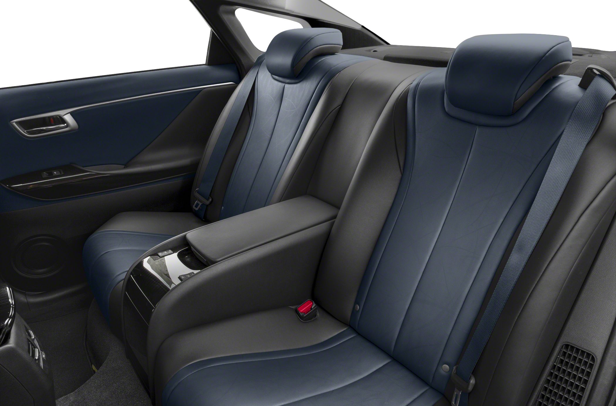 Rear seat interior with blue leather and central armrest with controls