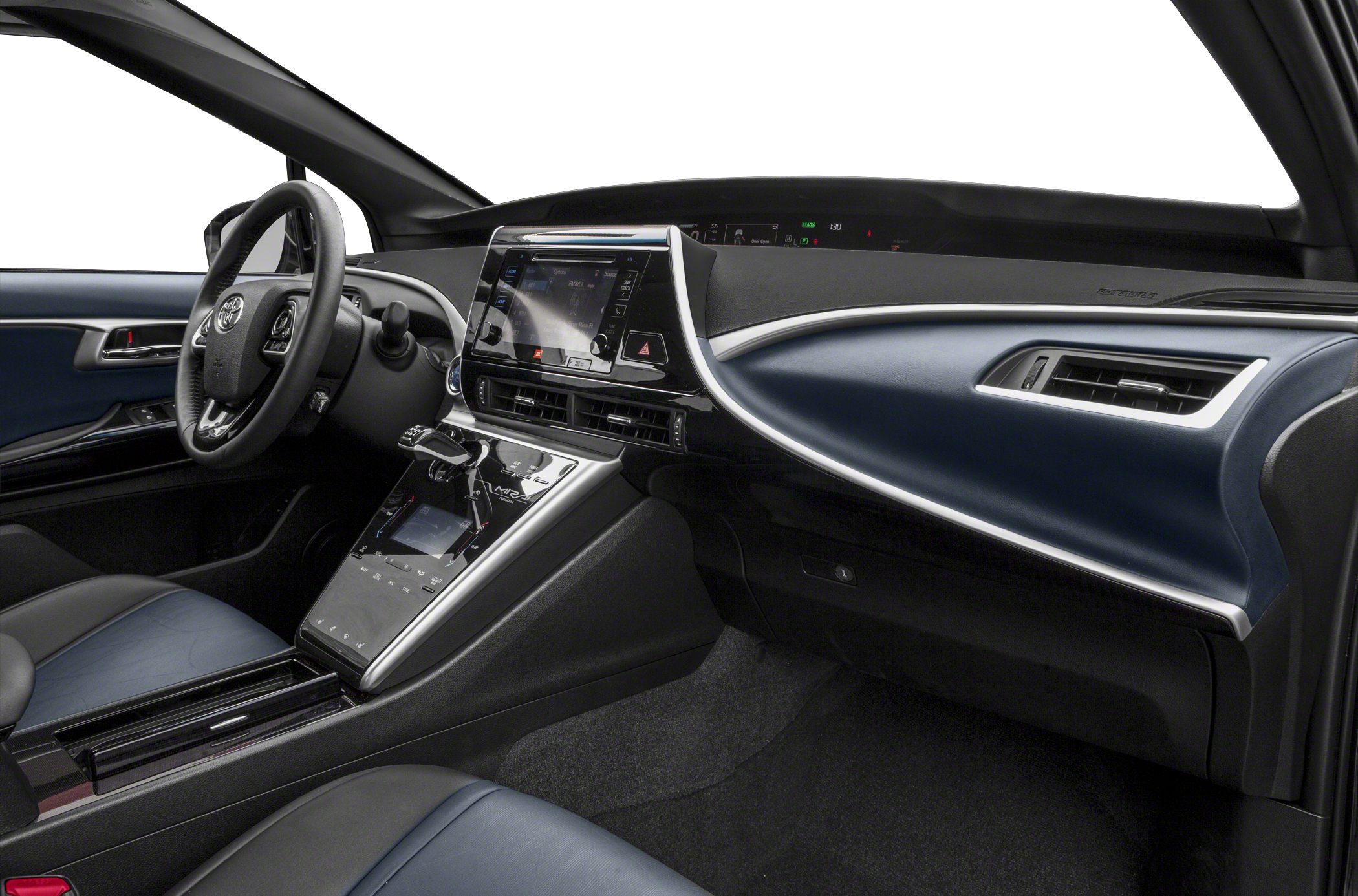 Modern dashboard, digital displays, ergonomic steering wheel in blue and black interior