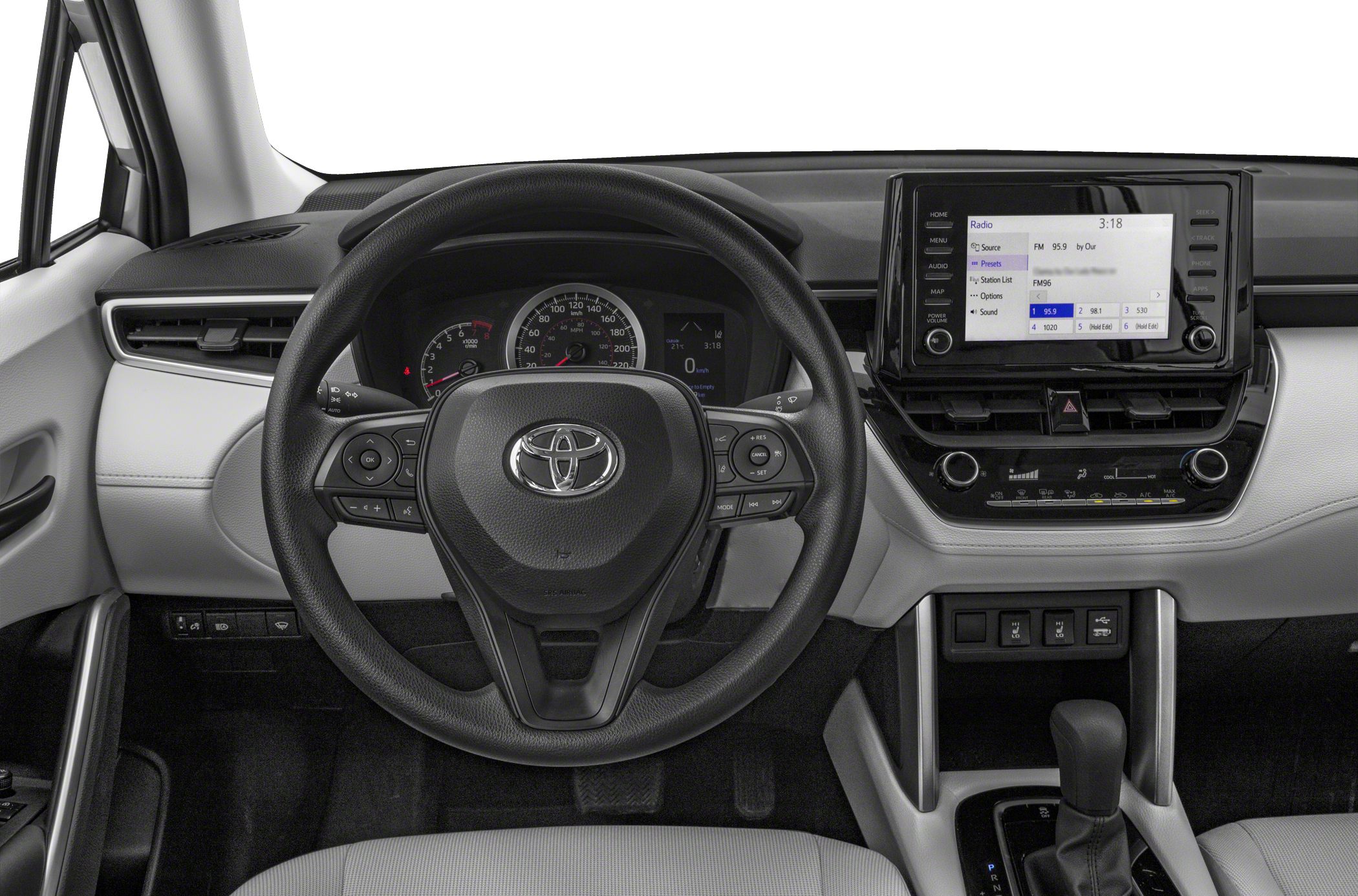 Dashboard, steering wheel, and infotainment system layout
