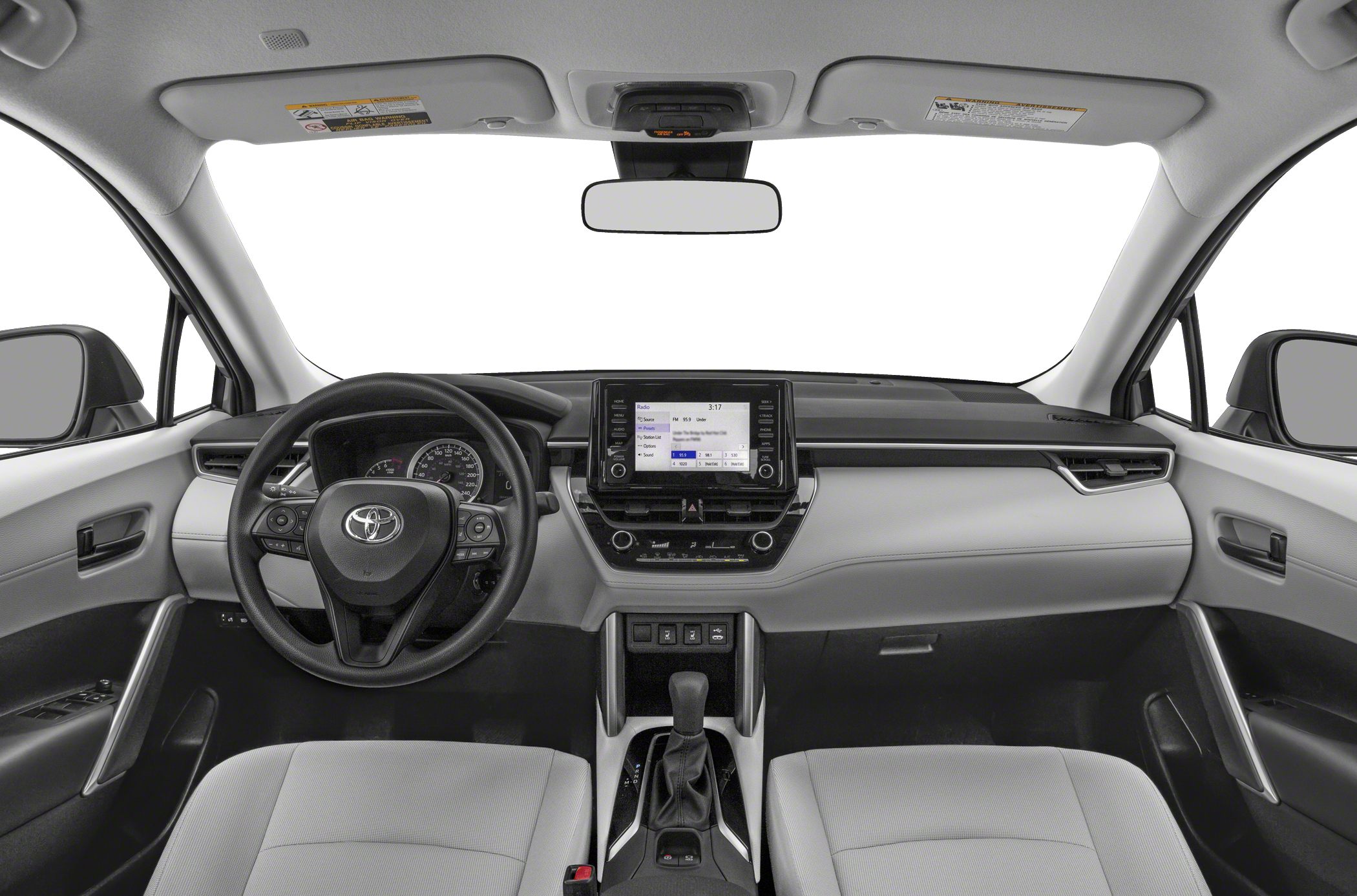 Modern vehicle interior dashboard with touchscreen and multifunction steering wheel