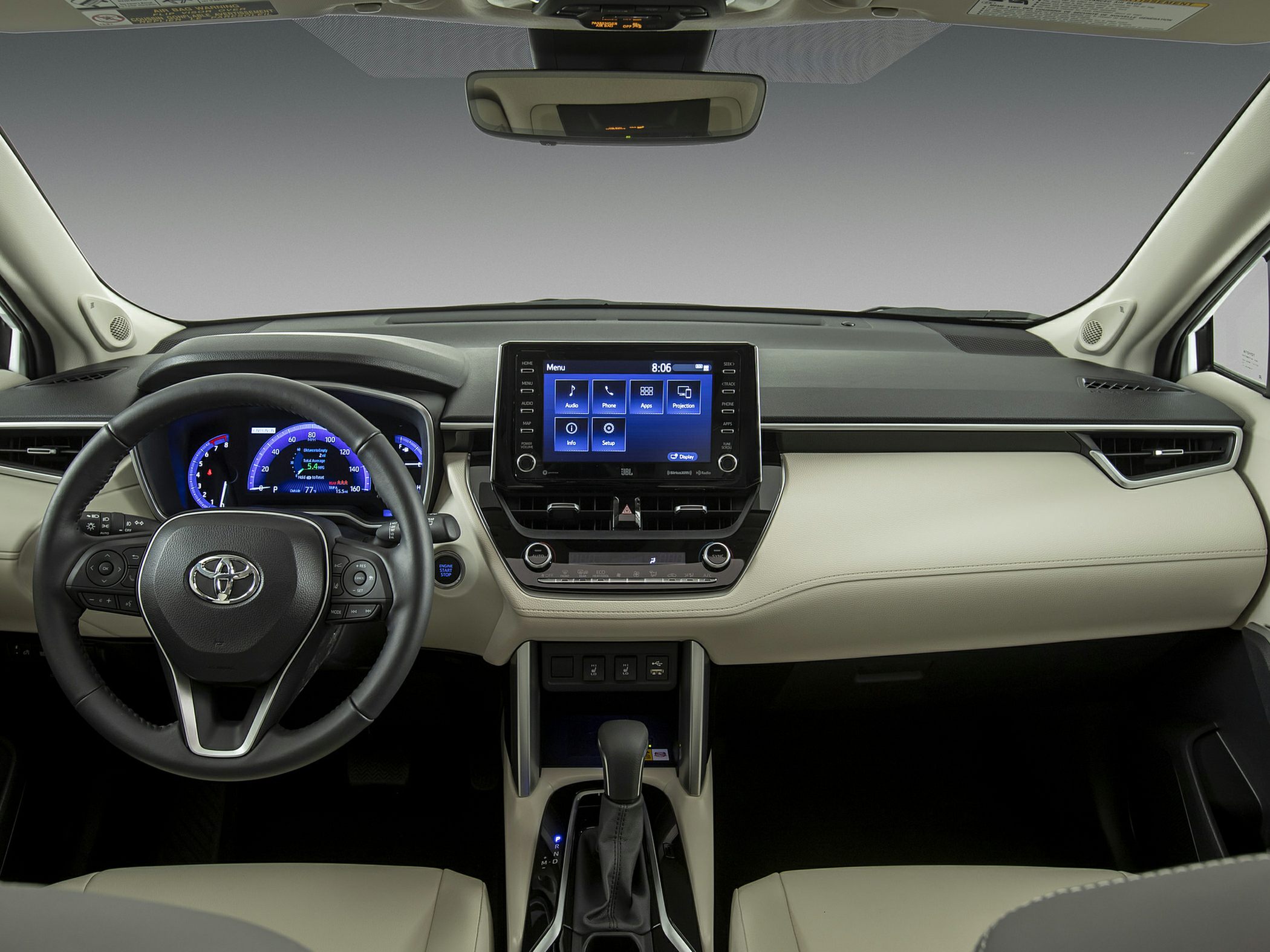 Dashboard with digital instruments and infotainment, leather steering wheel view