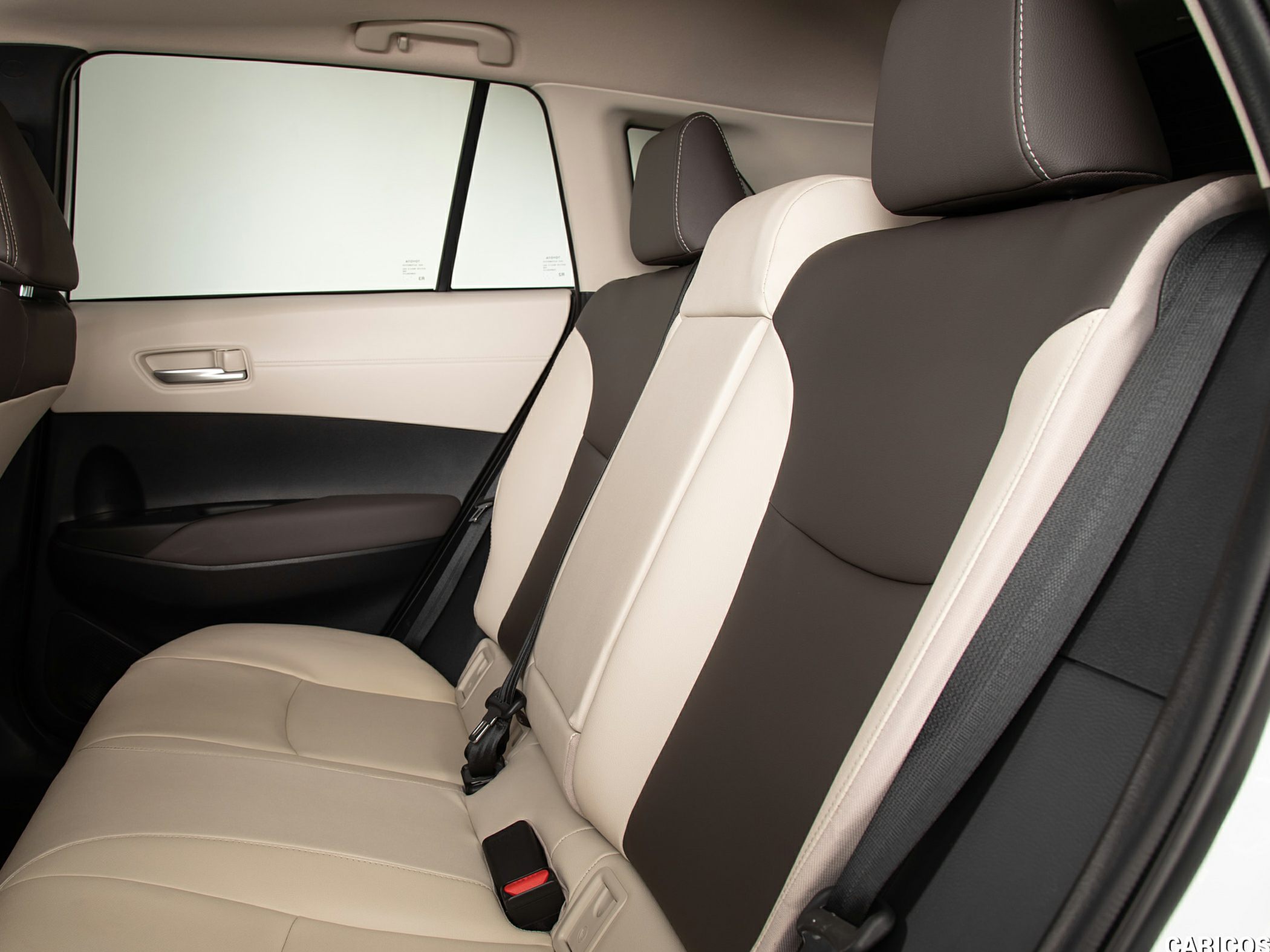 Two-tone rear seats with seat belts and spacious door panel.