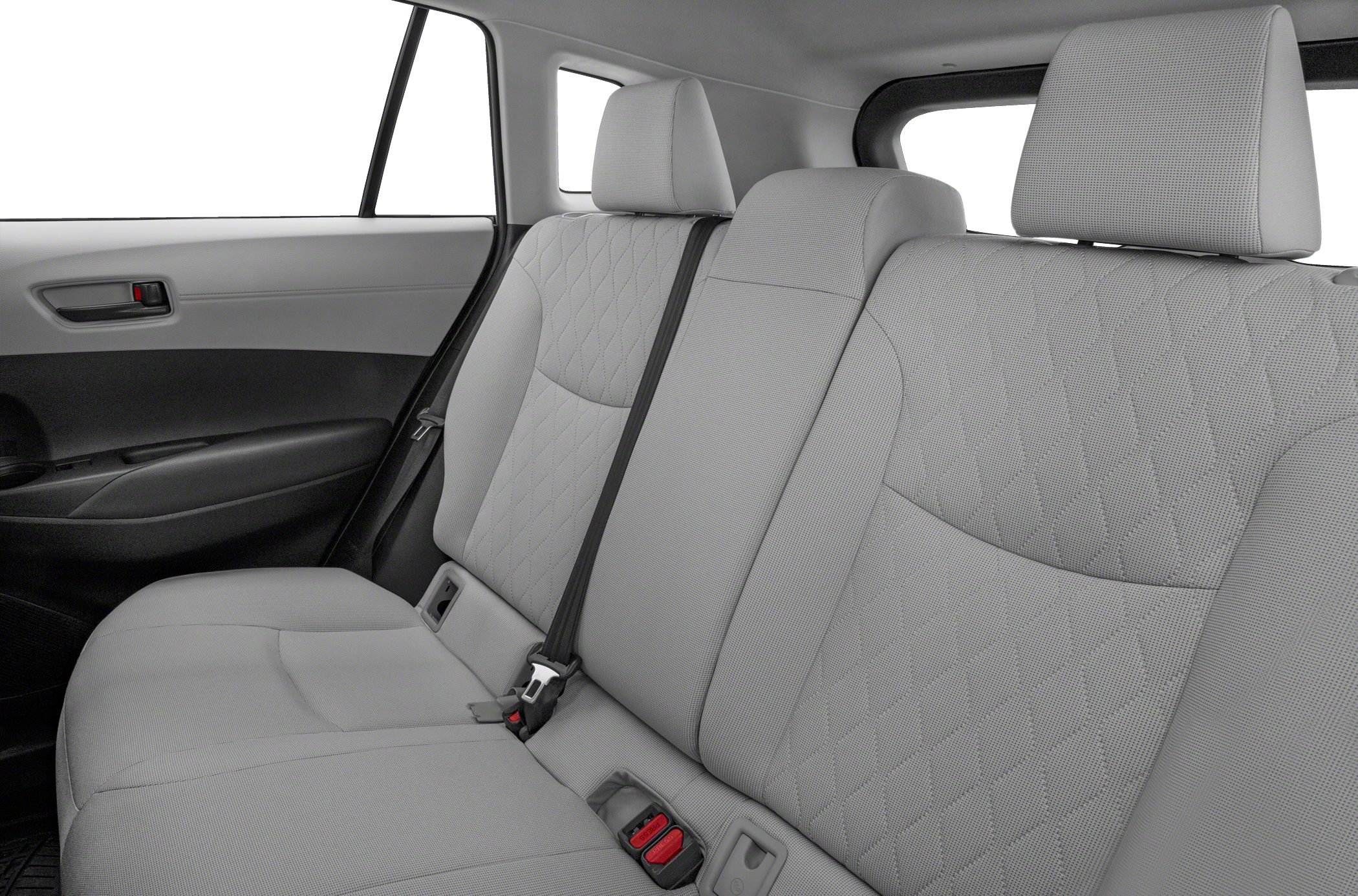 Quilted upholstery rear seat with seat belts and headrests