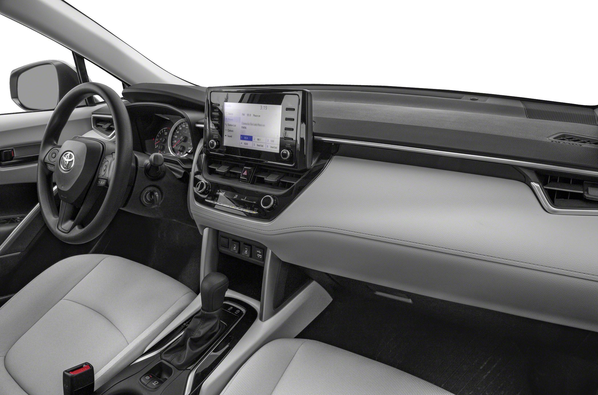 Interior dashboard with steering wheel, infotainment system, and gear shift