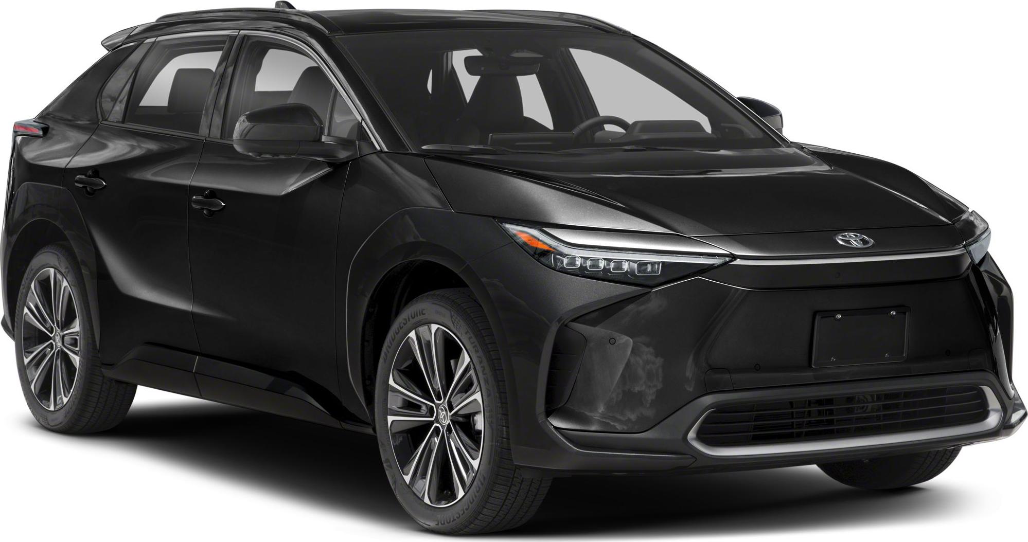Sleek black electric SUV with sharp LED headlights and aerodynamic body.