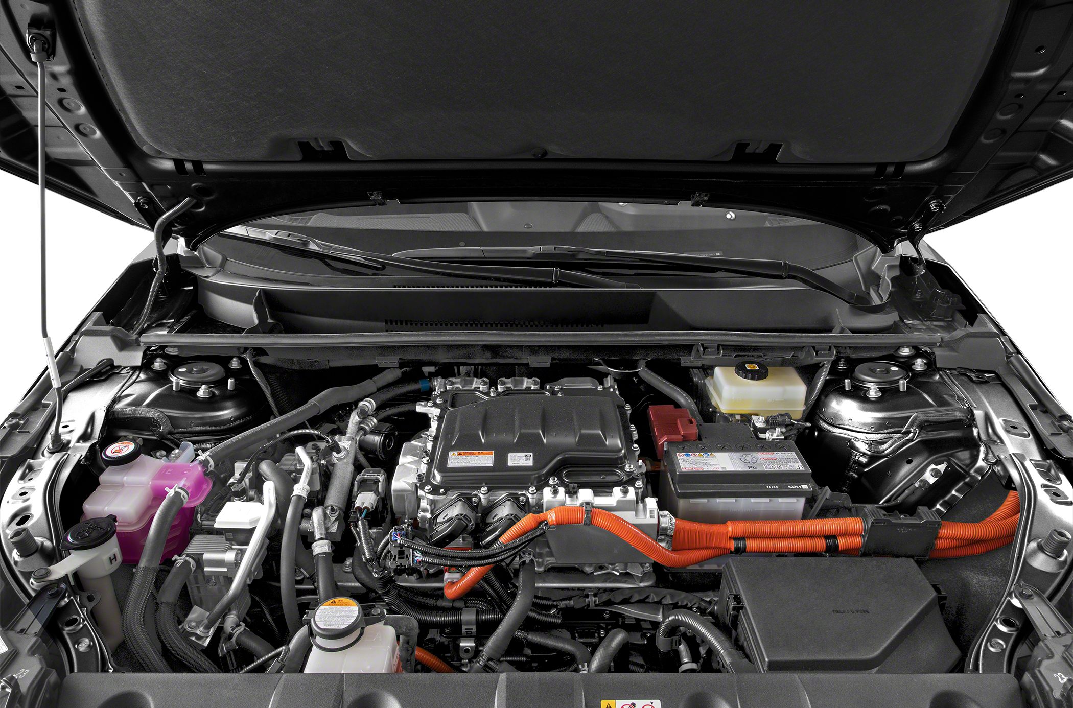 Electric powertrain and engine bay with high-voltage cables
