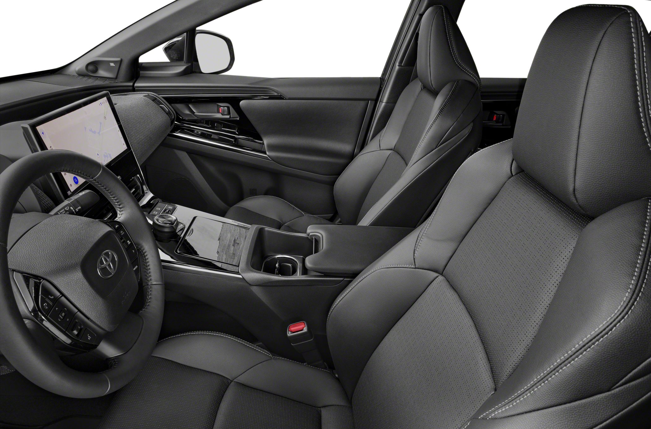 Leather seats, digital touchscreen, modern car interior layout