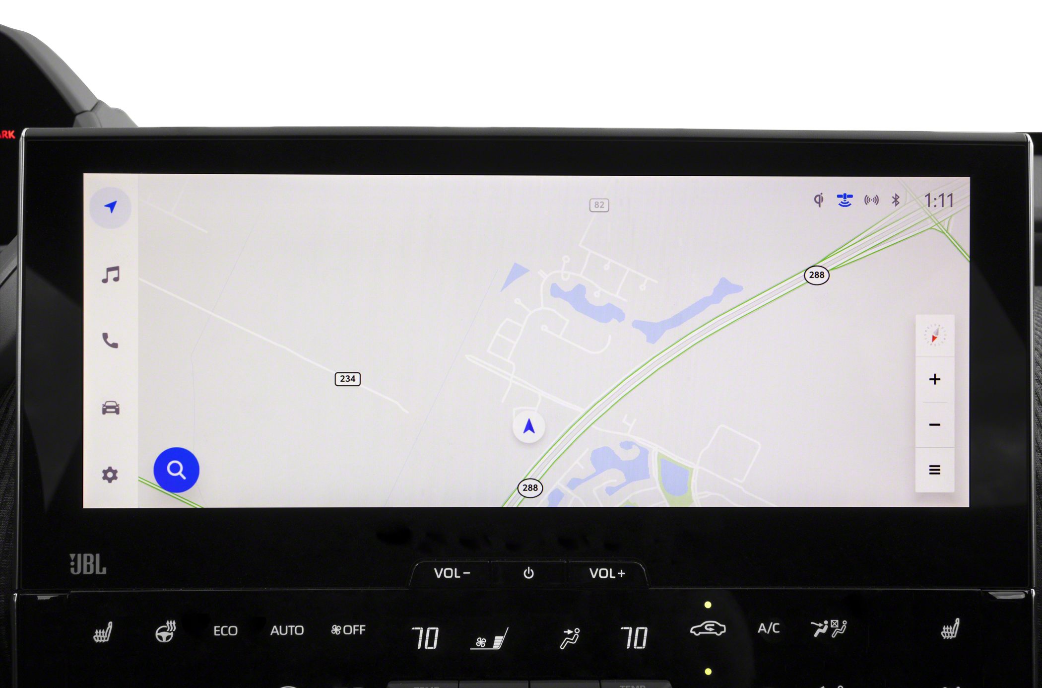 Digital navigation screen with climate and audio controls