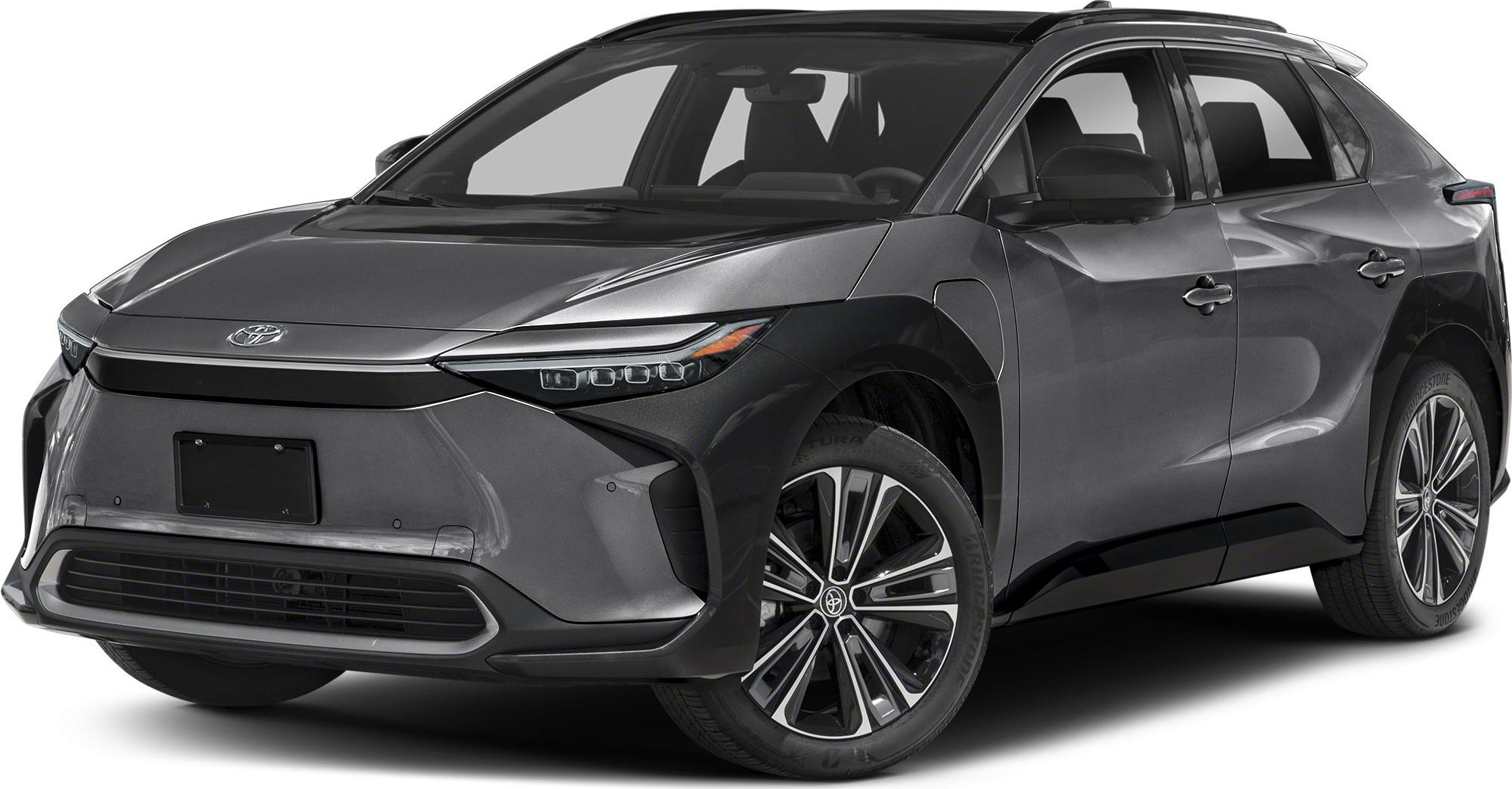 Front and side view of an electric SUV with LED headlights and aerodynamic design