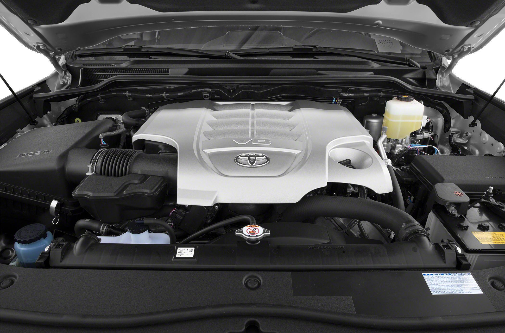 Engine bay with V8 engine cover and components