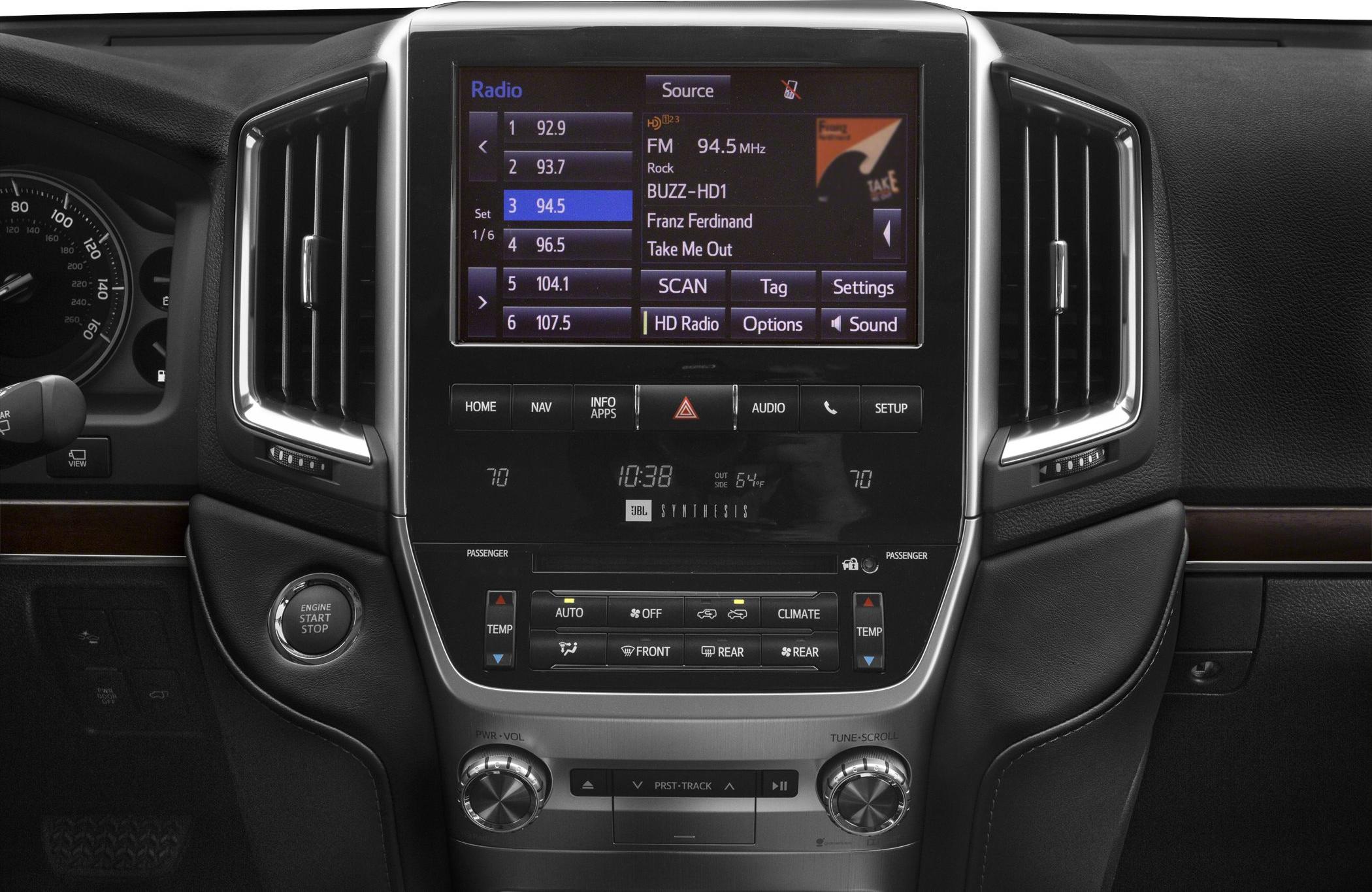 Center dashboard infotainment and climate control panel with touchscreen radio and dual-zone climate.