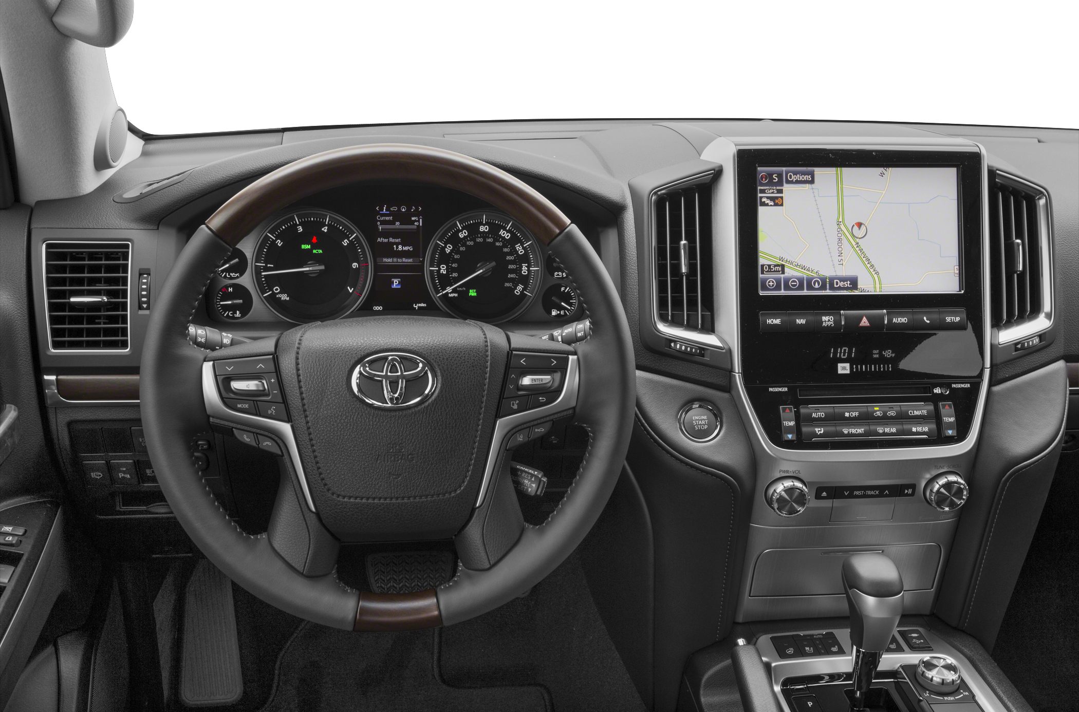 Steering wheel with controls and central navigation screen interior