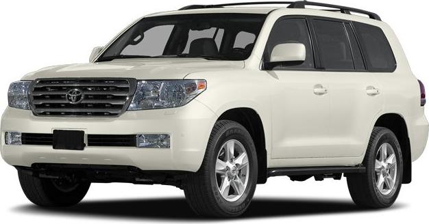 Front three-quarter view of large SUV with distinctive grille and roof rails