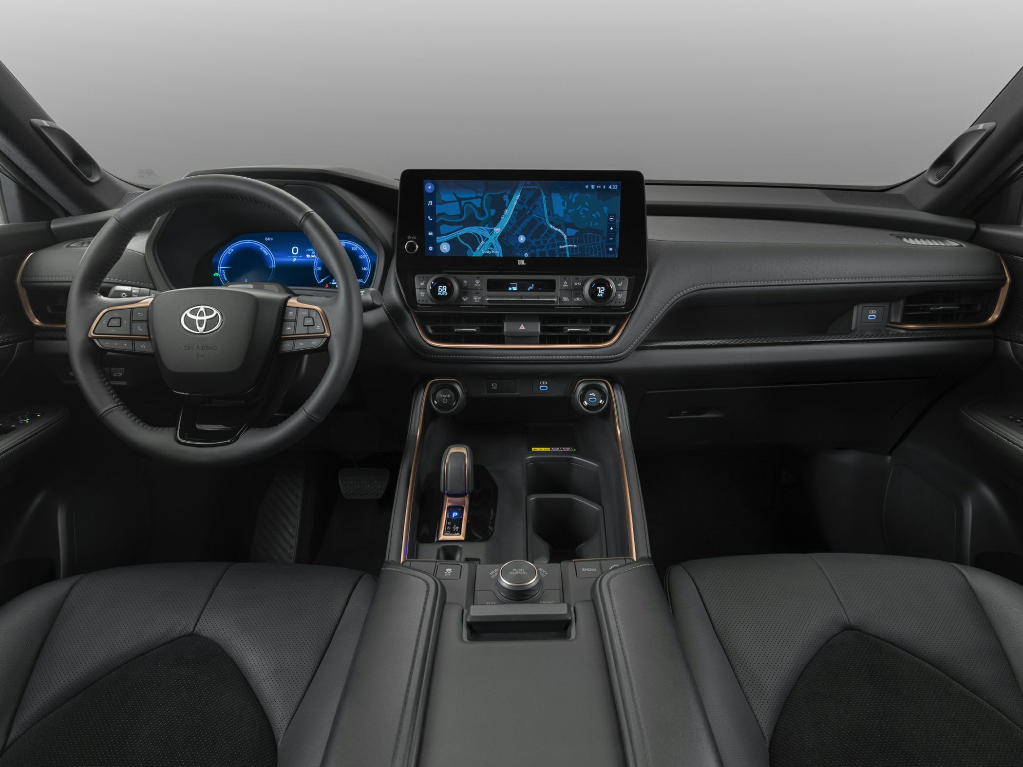 Digital dashboard and large touchscreen navigation system with modern layout