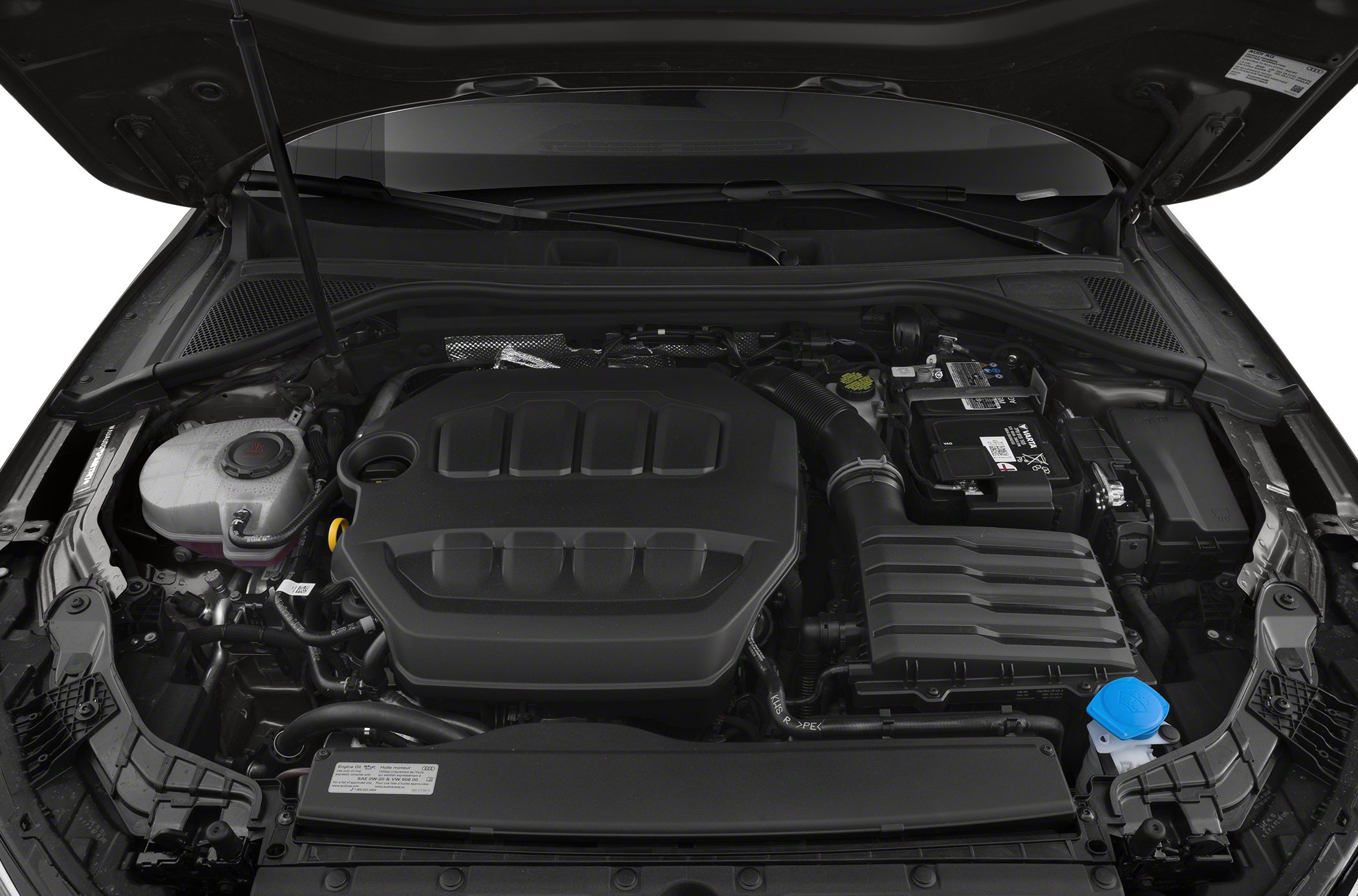 Engine bay with covered engine and component layout