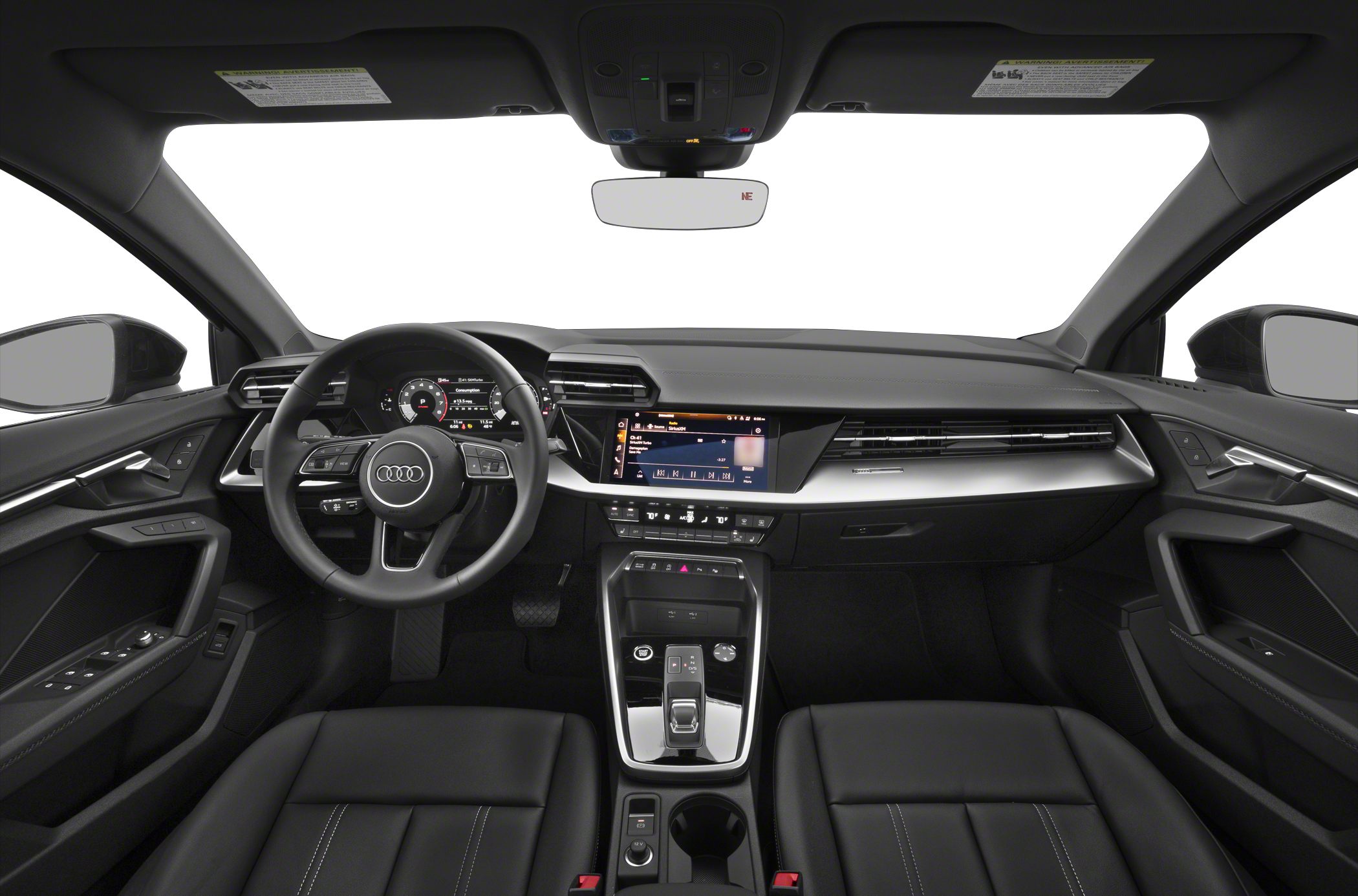 Digital dashboard, steering wheel, and center console in modern sedan interior