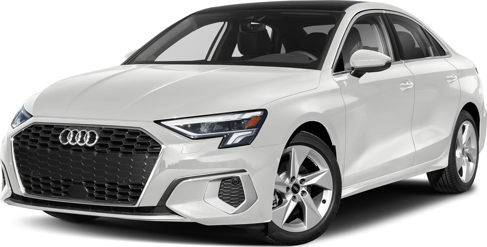 Front view of a white sedan with hexagonal grille and LED headlights.