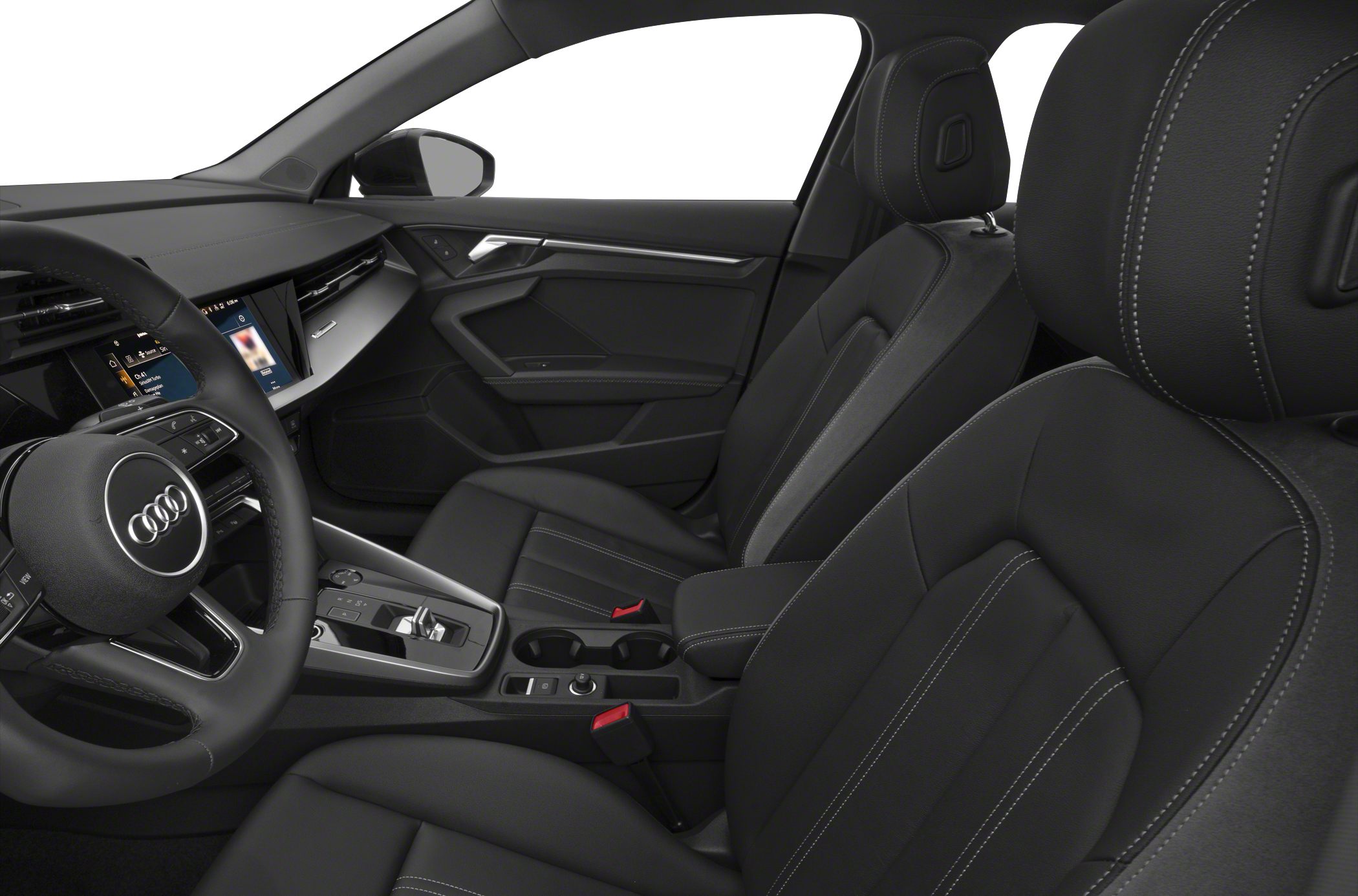 Black leather seats with white stitching, modern dashboard, and center console