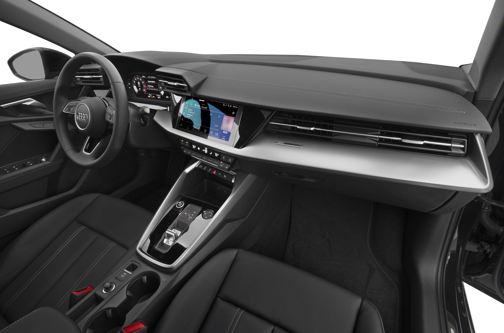 Digital dashboard, infotainment screen, center console with gear selector