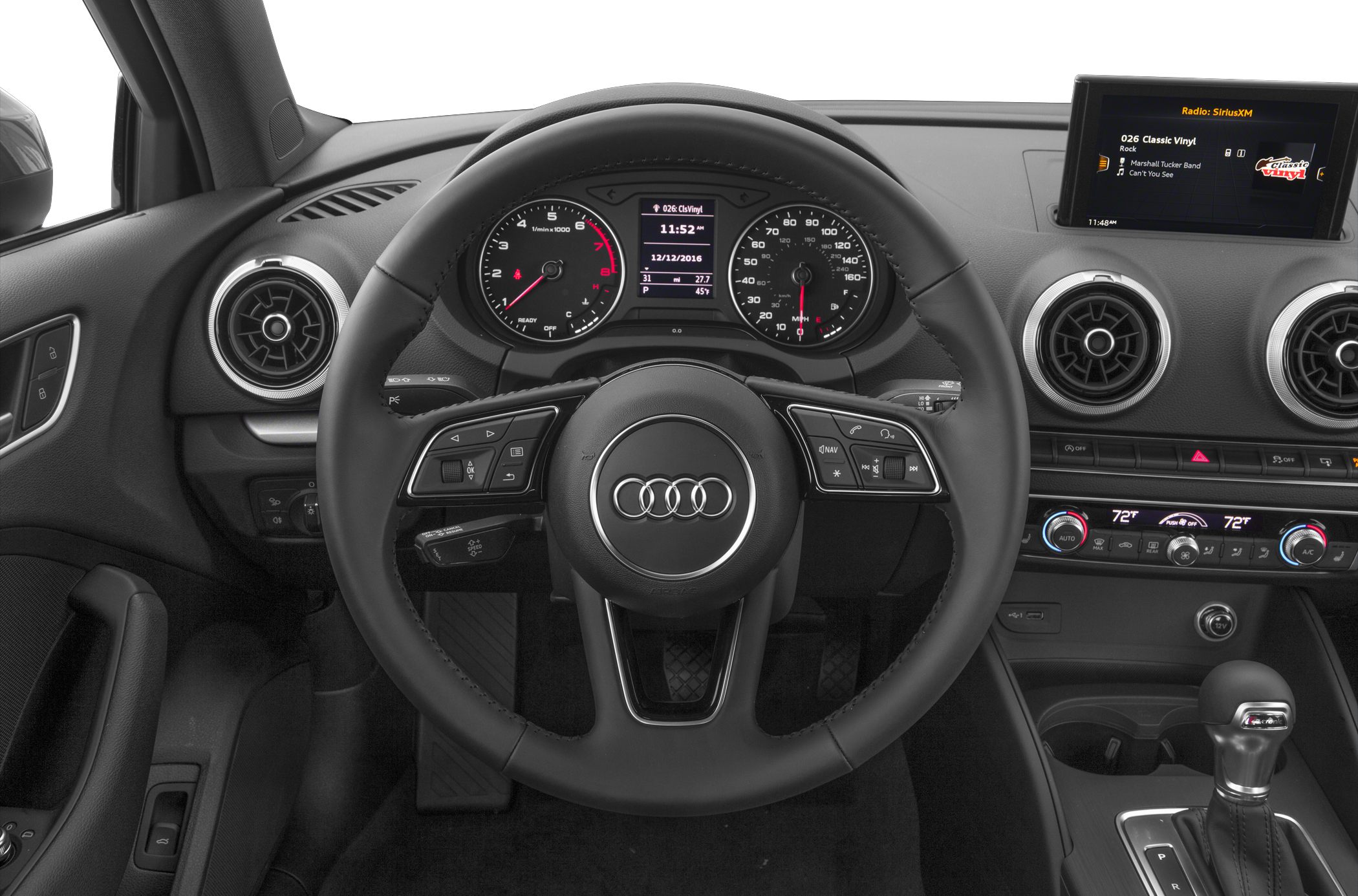 Audi-style steering wheel and dashboard with digital instrument cluster and infotainment screen