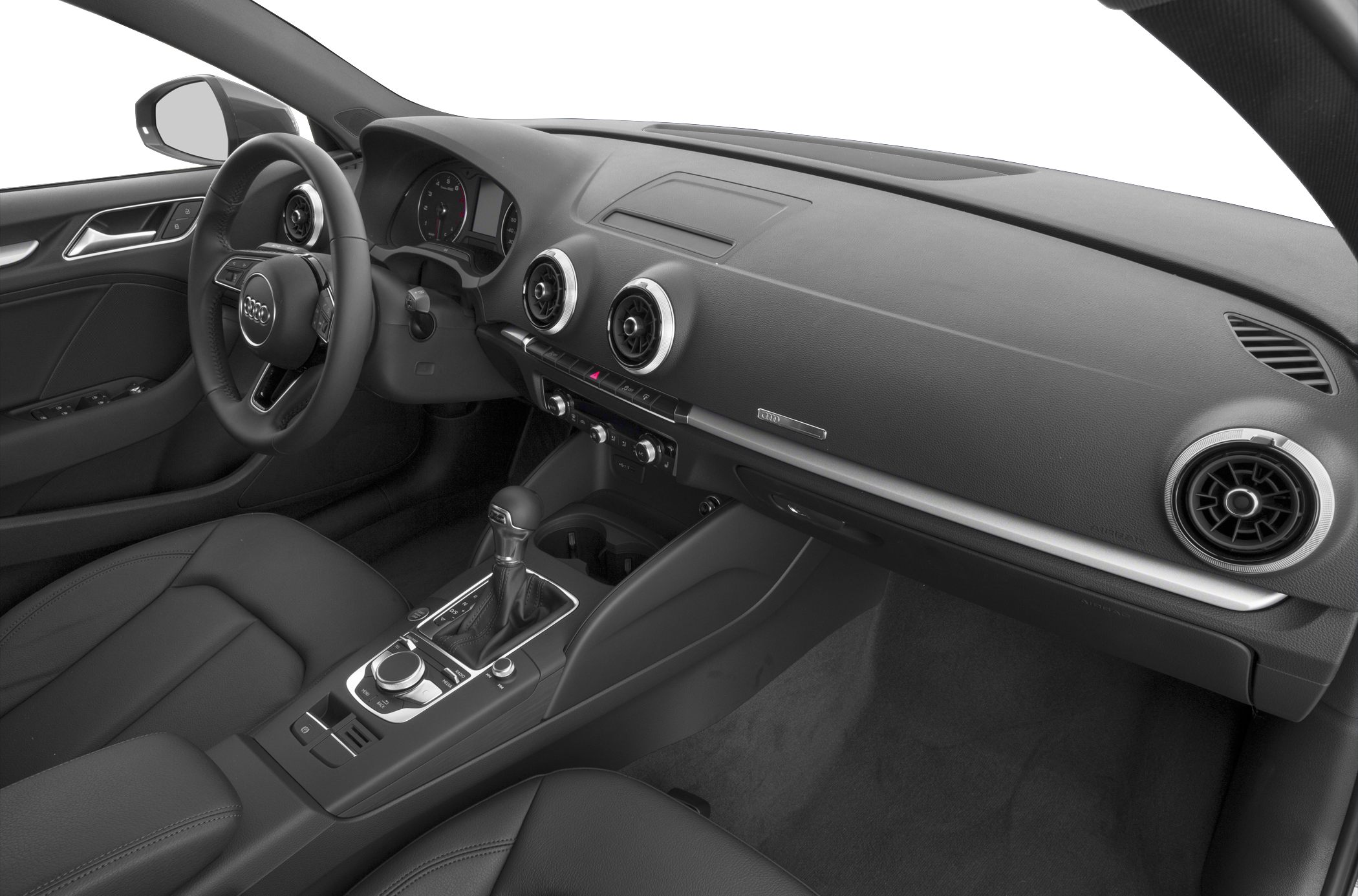 Interior dashboard with steering wheel, air vents, and center console controls