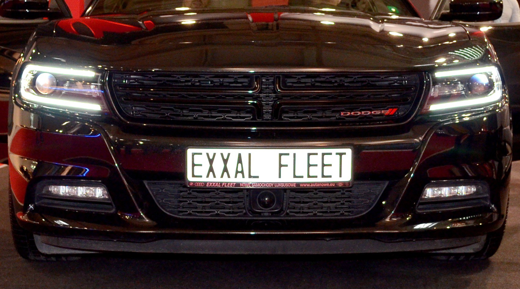Close-up of front grille with LED headlights and badge
