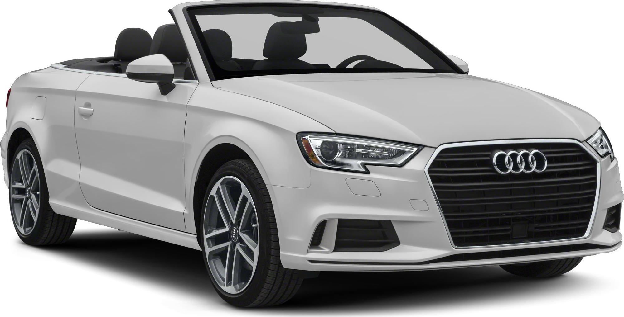 Front-side view of a white open-top convertible with LED headlights and sporty alloy wheels.