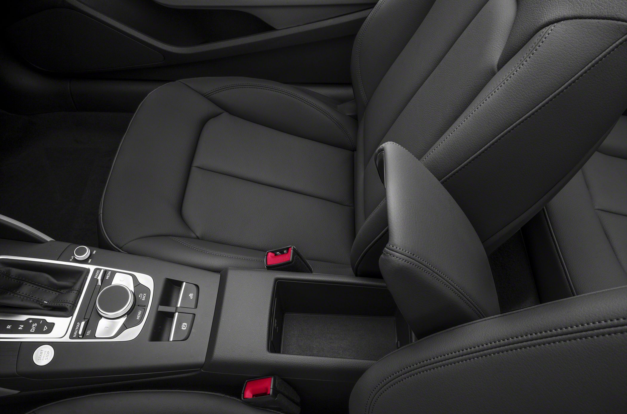Leather seats and center console with gear selector and control buttons