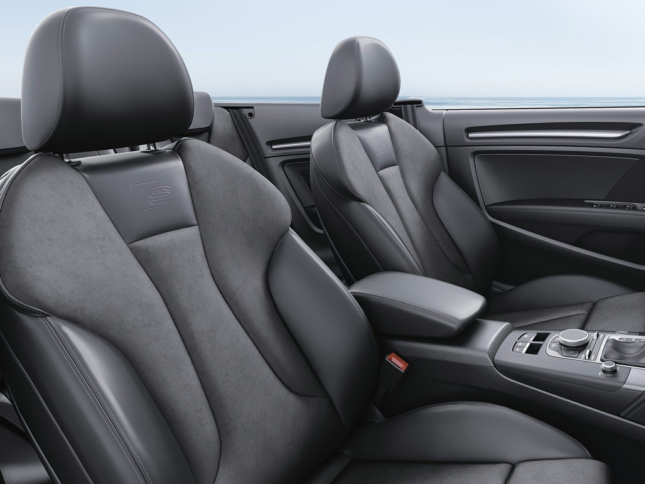Luxury front sports seats and center console in convertible car interior