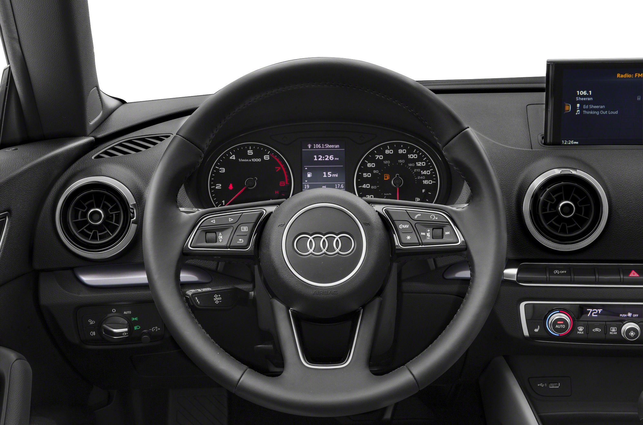 Steering wheel, instrument cluster, dashboard, and infotainment display