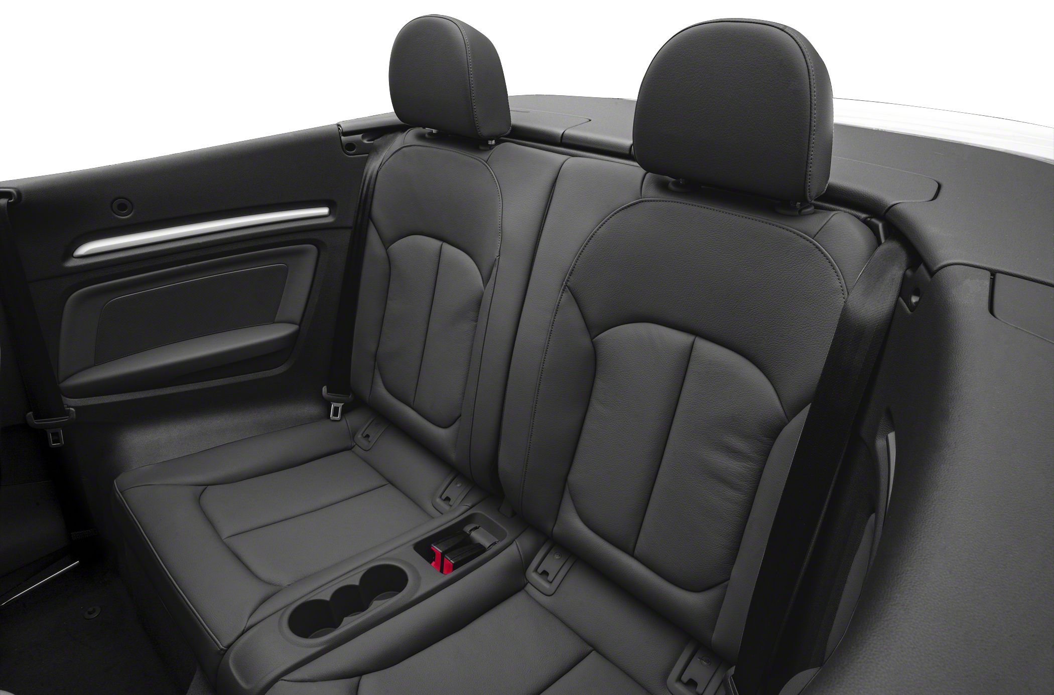 Black leather rear seats with integrated cup holders and headrests