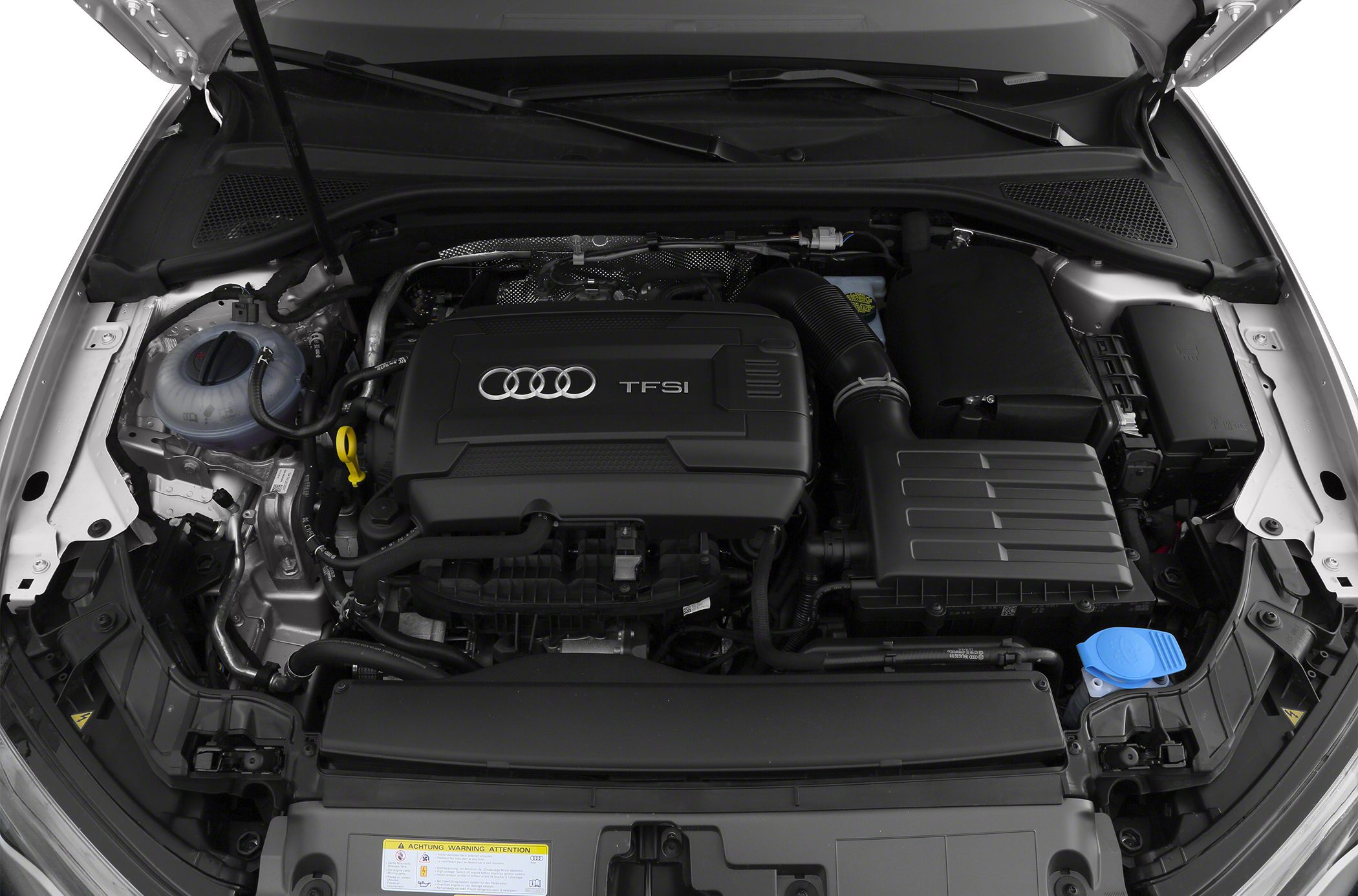 Turbocharged TFSI engine layout with covers and engine bay components.