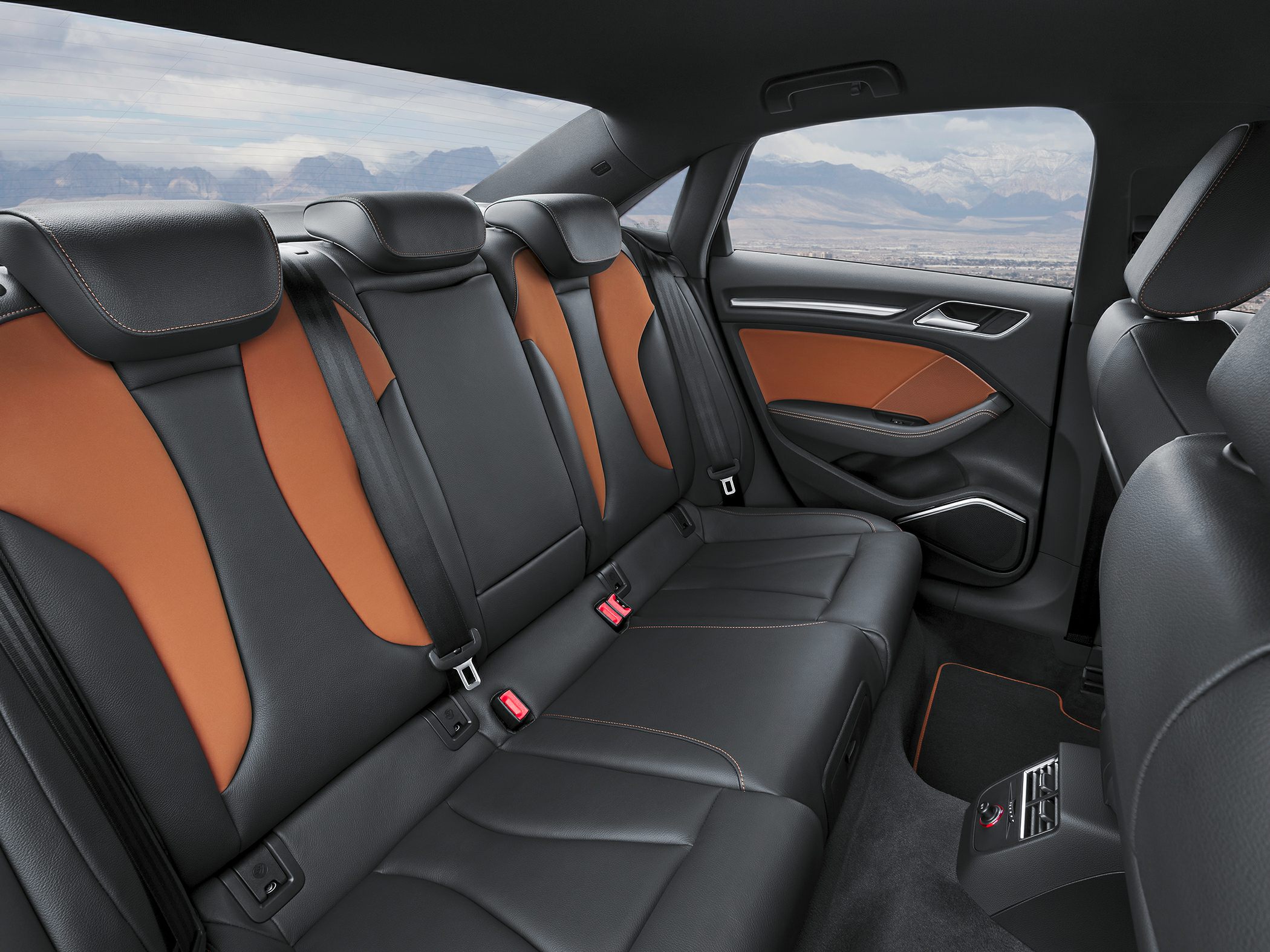 Rear leather seats with black and brown upholstery and door panel detailing.