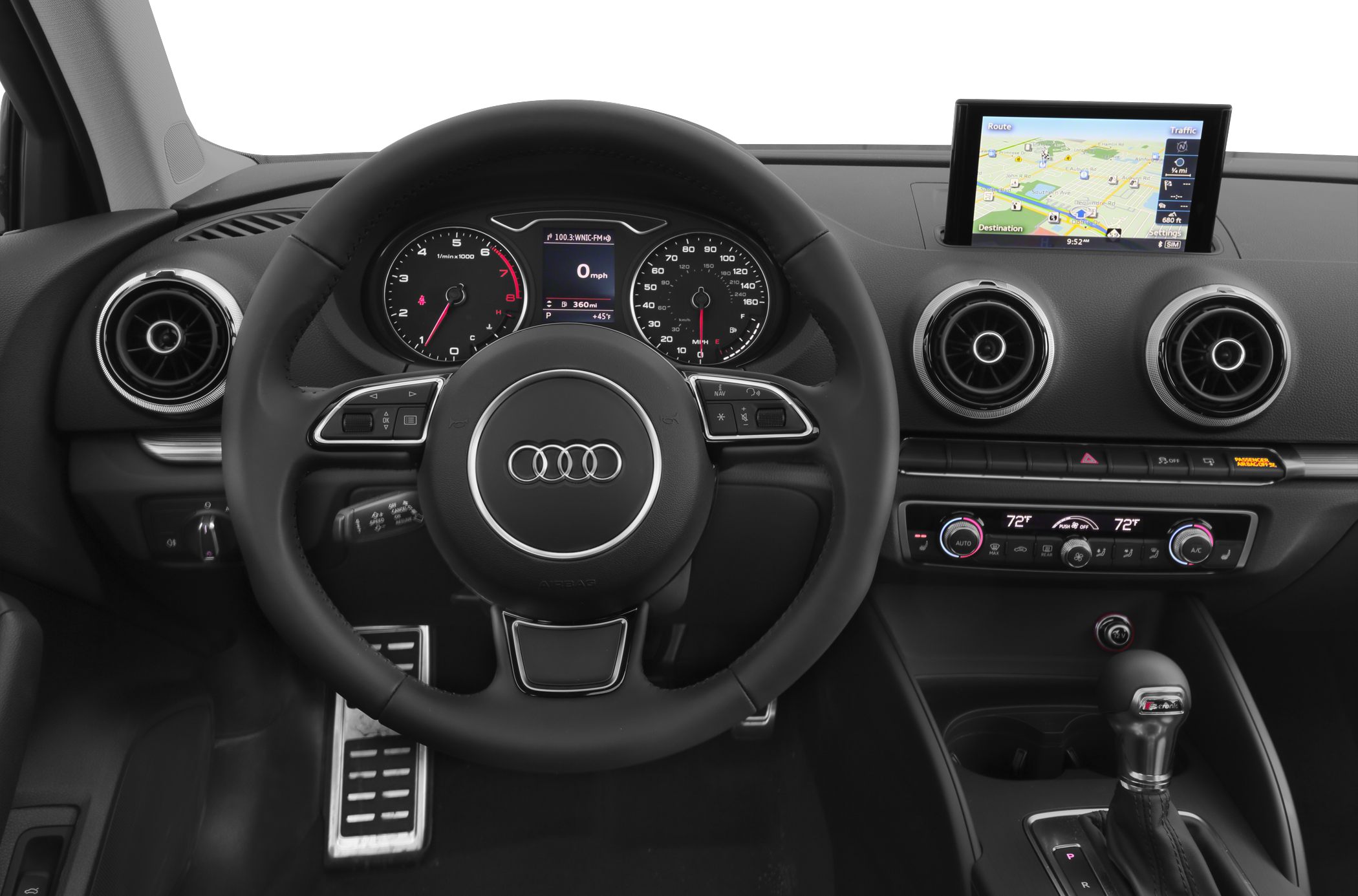 Audi A3 Sedan dashboard with steering wheel, circular air vents, and infotainment screen