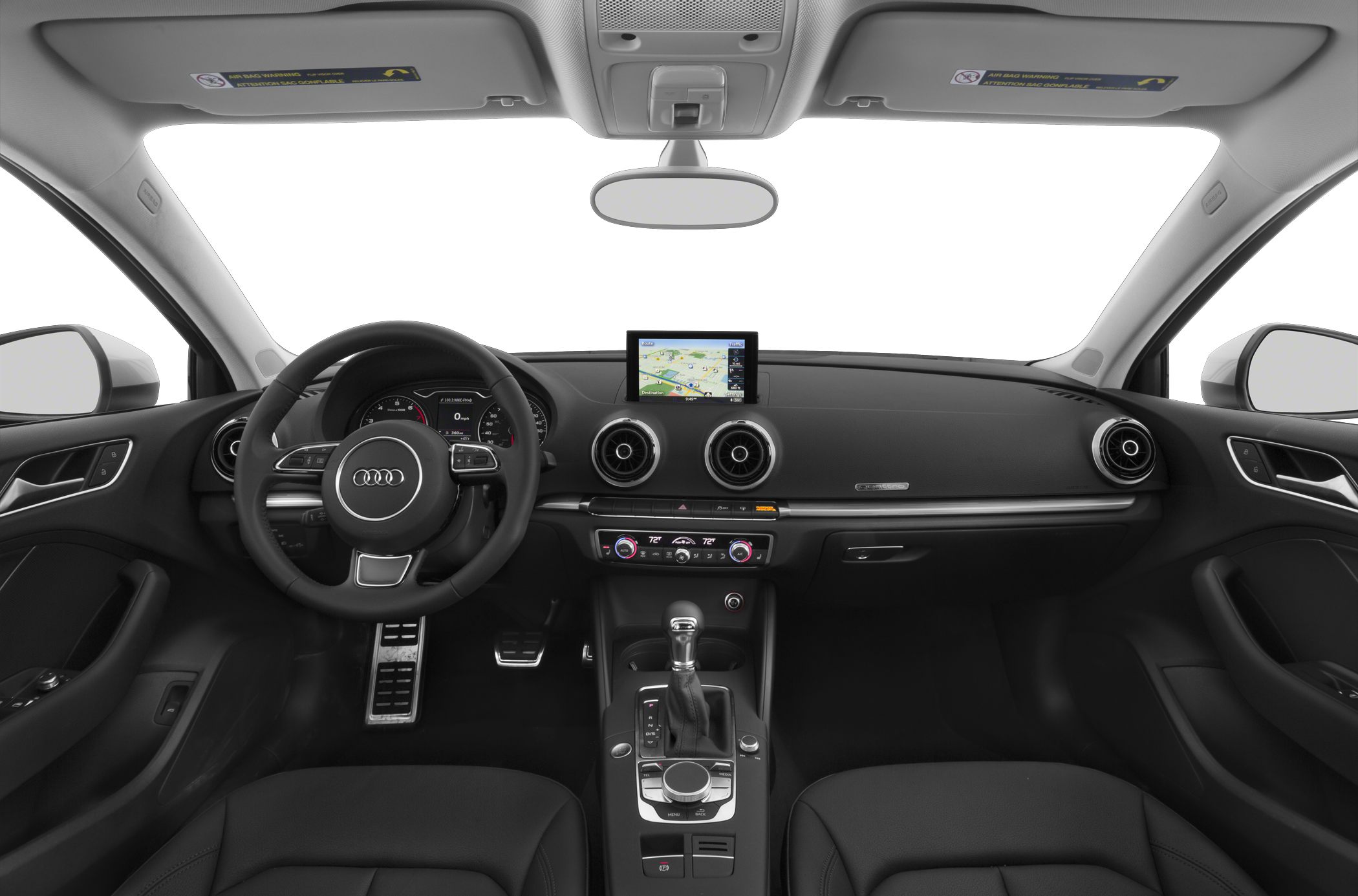 Dashboard with navigation screen and circular air vents