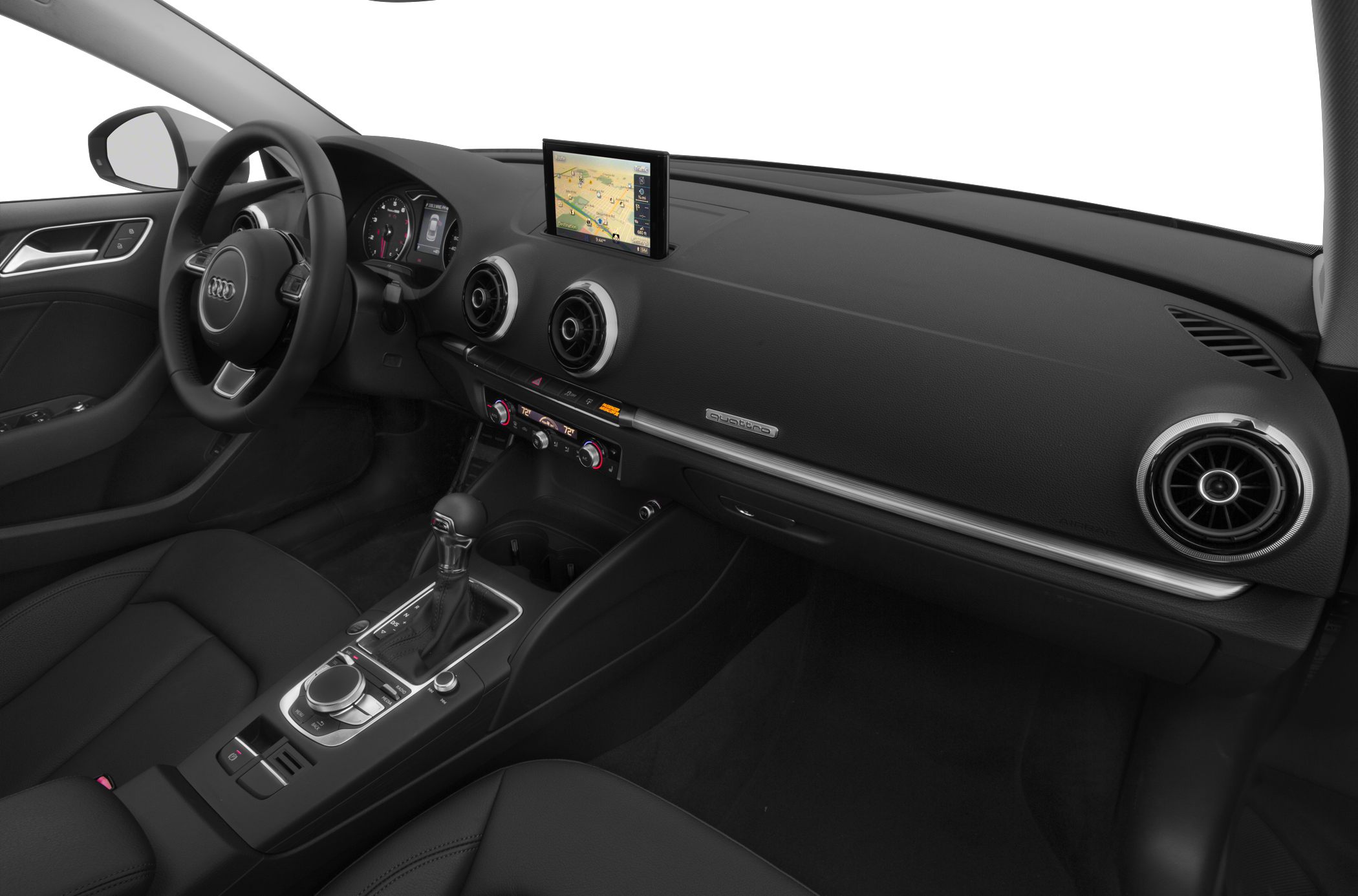 Dashboard with navigation screen and circular air vents
