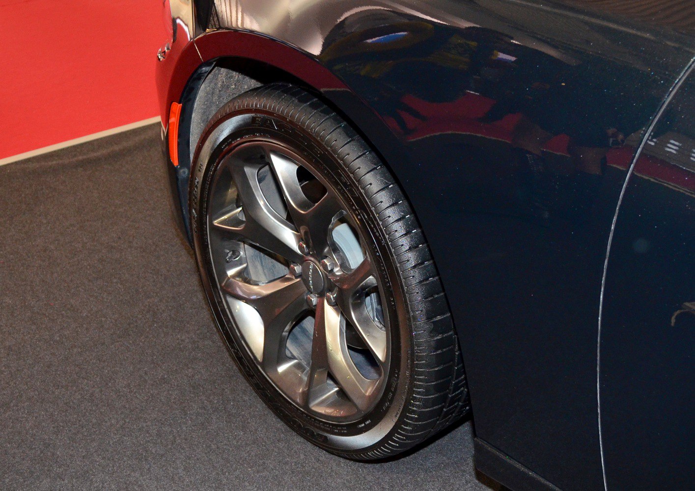 Close-up view of alloy wheel and tire on modern vehicle