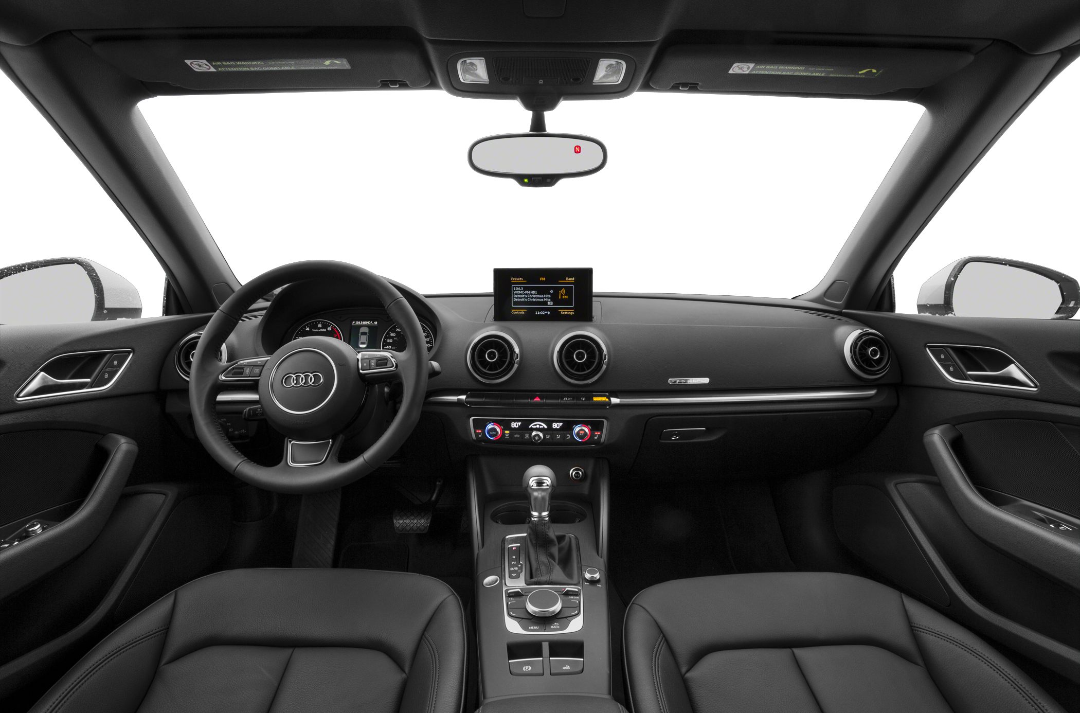 Car interior dashboard with steering wheel and infotainment system