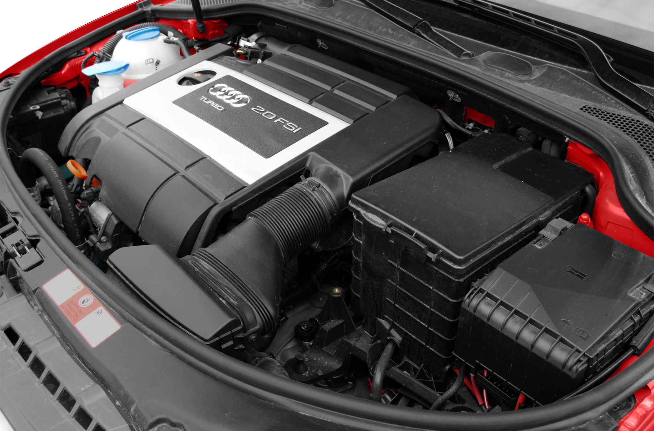 2.0 FSI turbocharged engine bay with air intake and battery