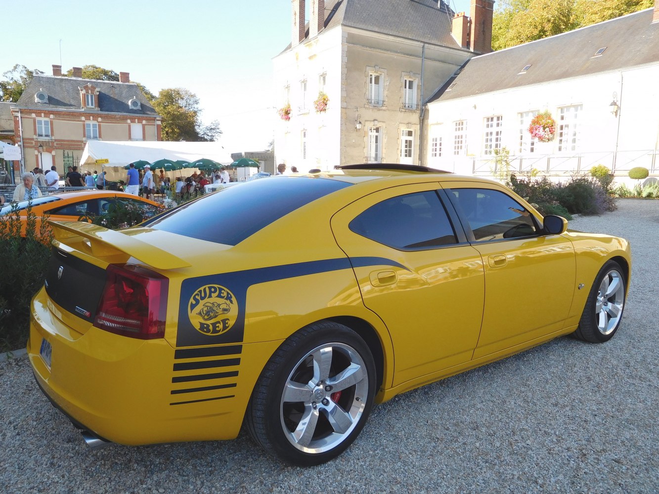 Rear side view of yellow car with large rear spoiler and black side decal