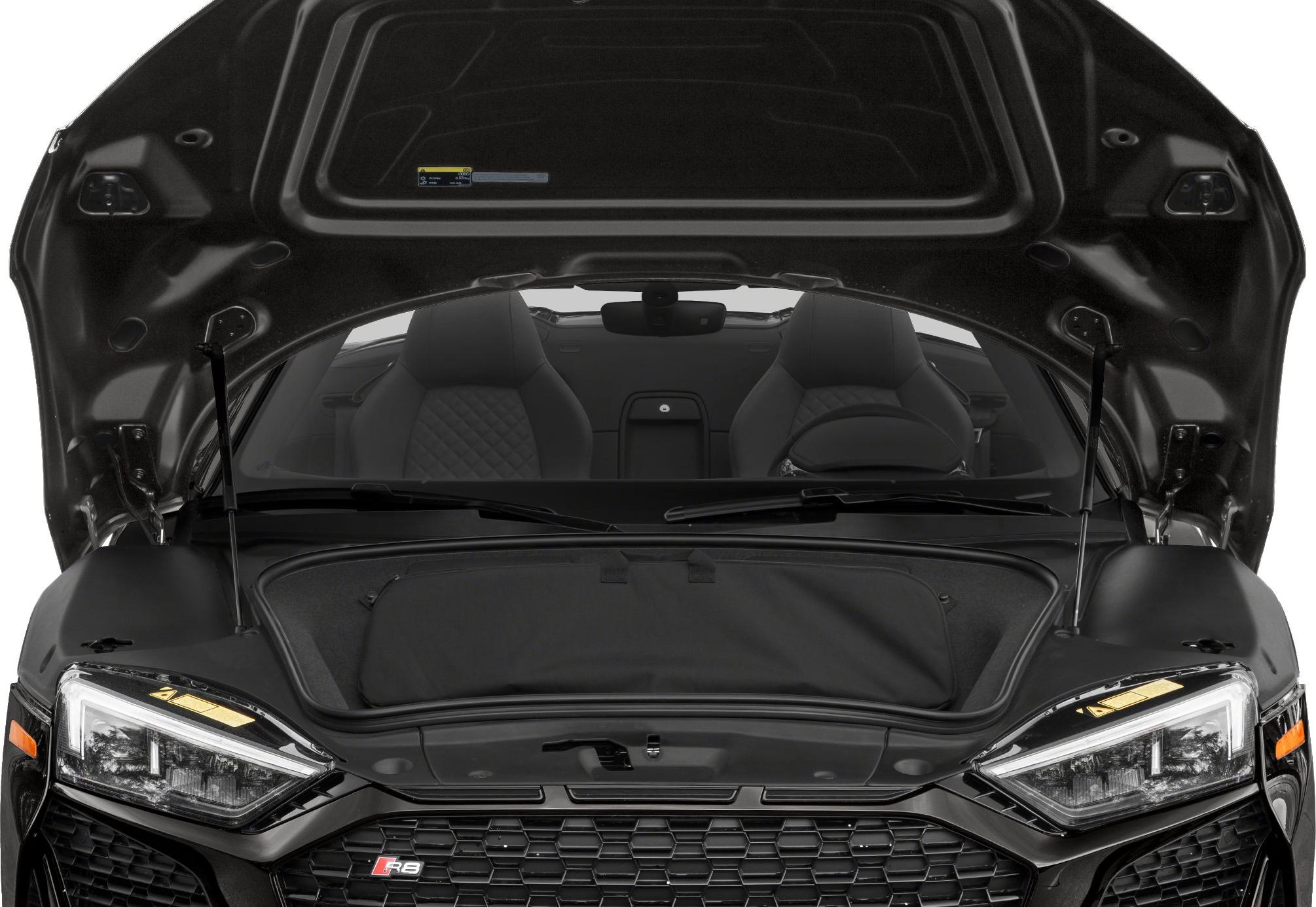 Audi R8 Spyder front trunk with hood open and visible interior seats