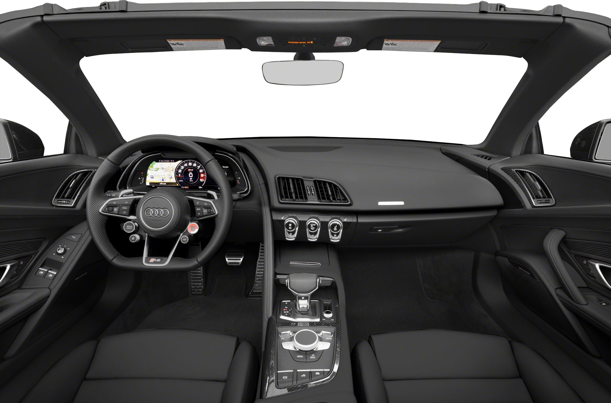 Digital dashboard with map display and sporty steering wheel with control buttons.