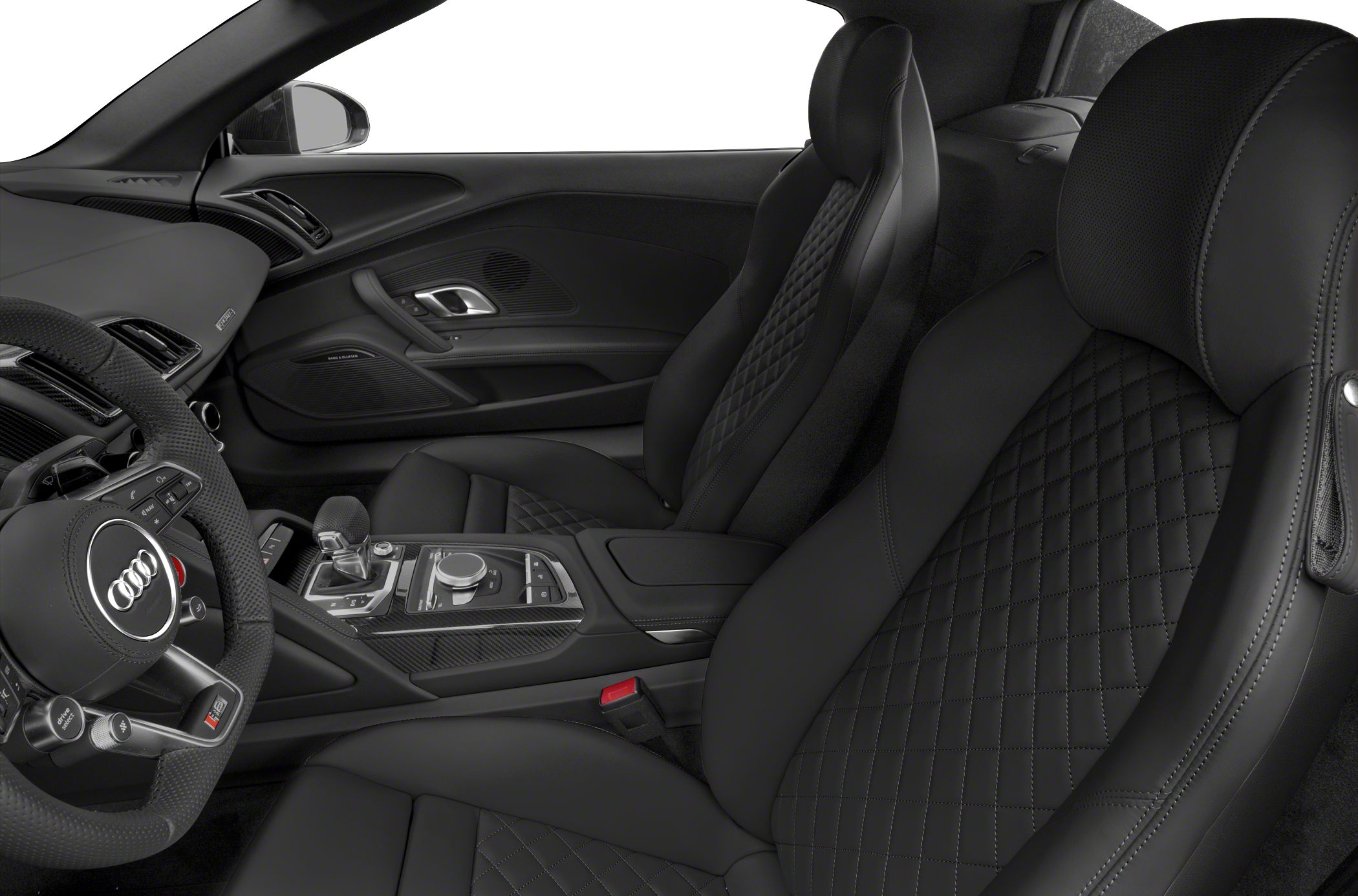 Diamond-stitched leather seats and high-tech center console in luxury sports interior