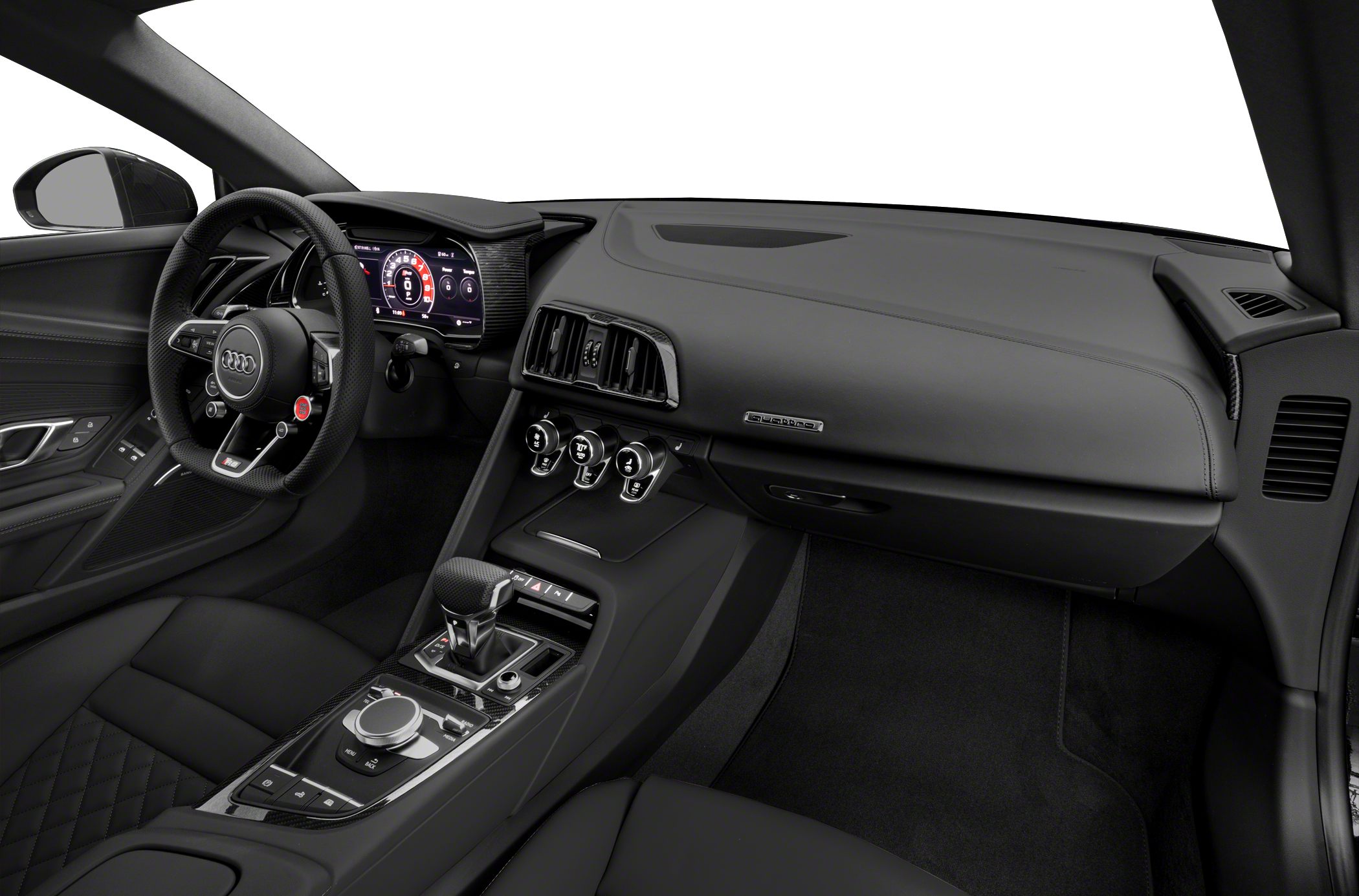 Luxury car interior with digital dashboard and sporty steering wheel